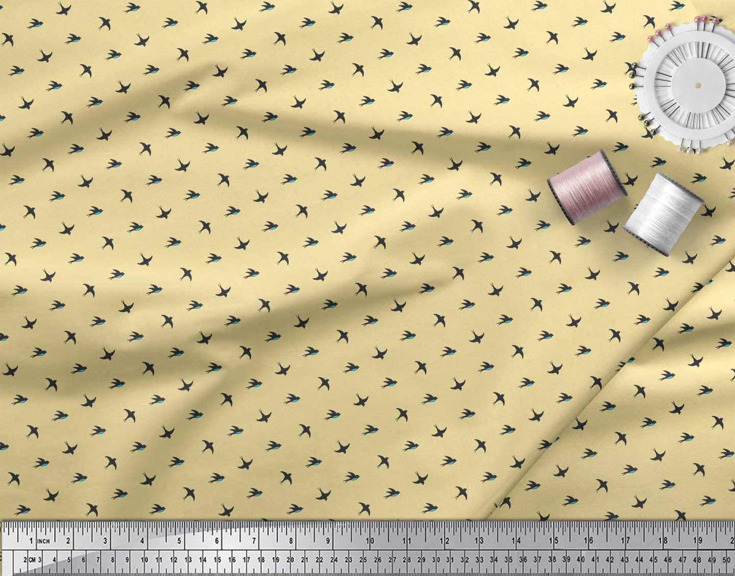 Soimoi Rayon Yellow Fabric by The Yard - 42 Inch Wide - Small Swallow Bird Print - Lightweight & Soft Material for DIY Dresses, Curtains & Home Decor