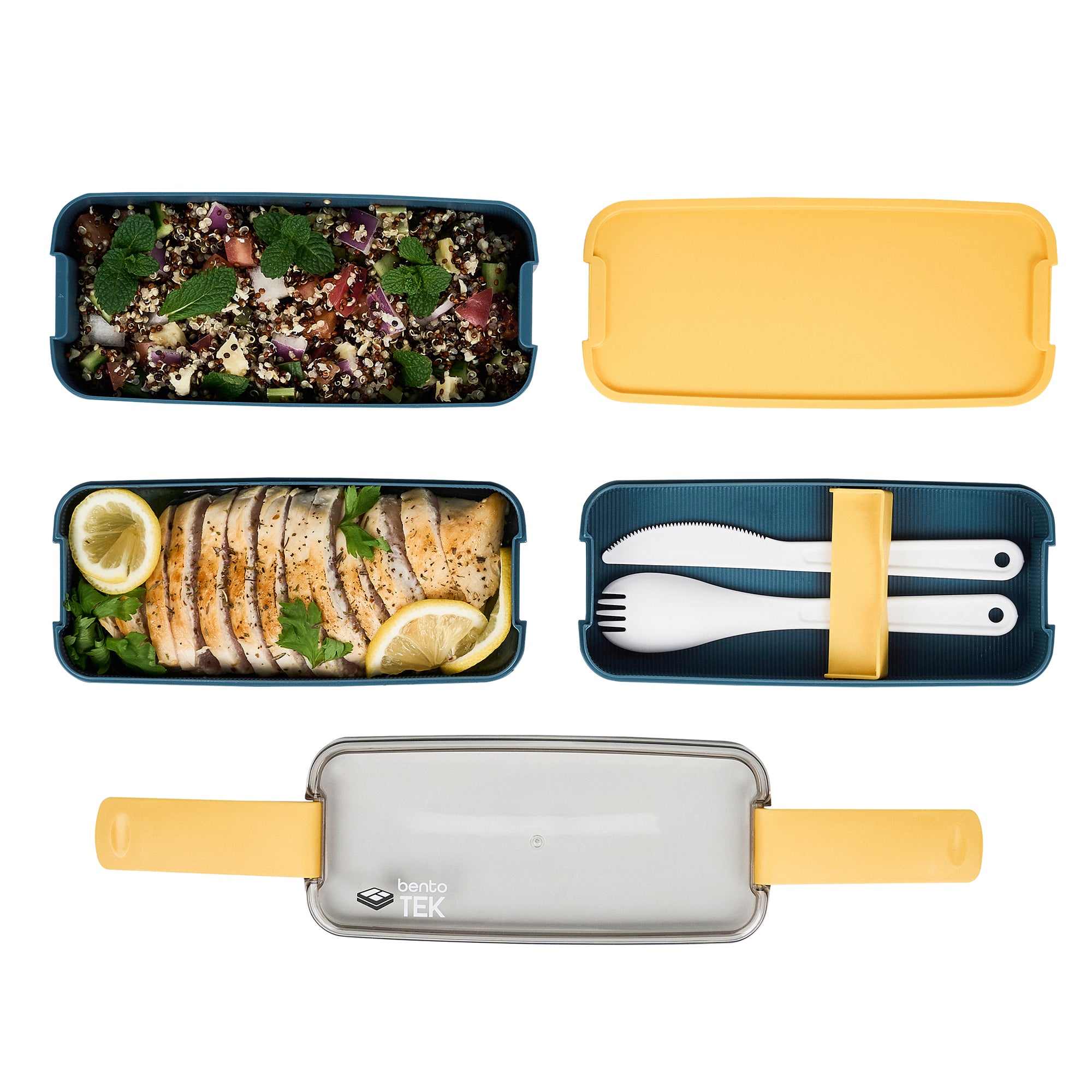 Bento Tek 30 oz 3-in-1 Lunch Box Set - BPA Free, Microwave Safe, Leak Proof with Fork & Knife - Blue & Yellow (7.5