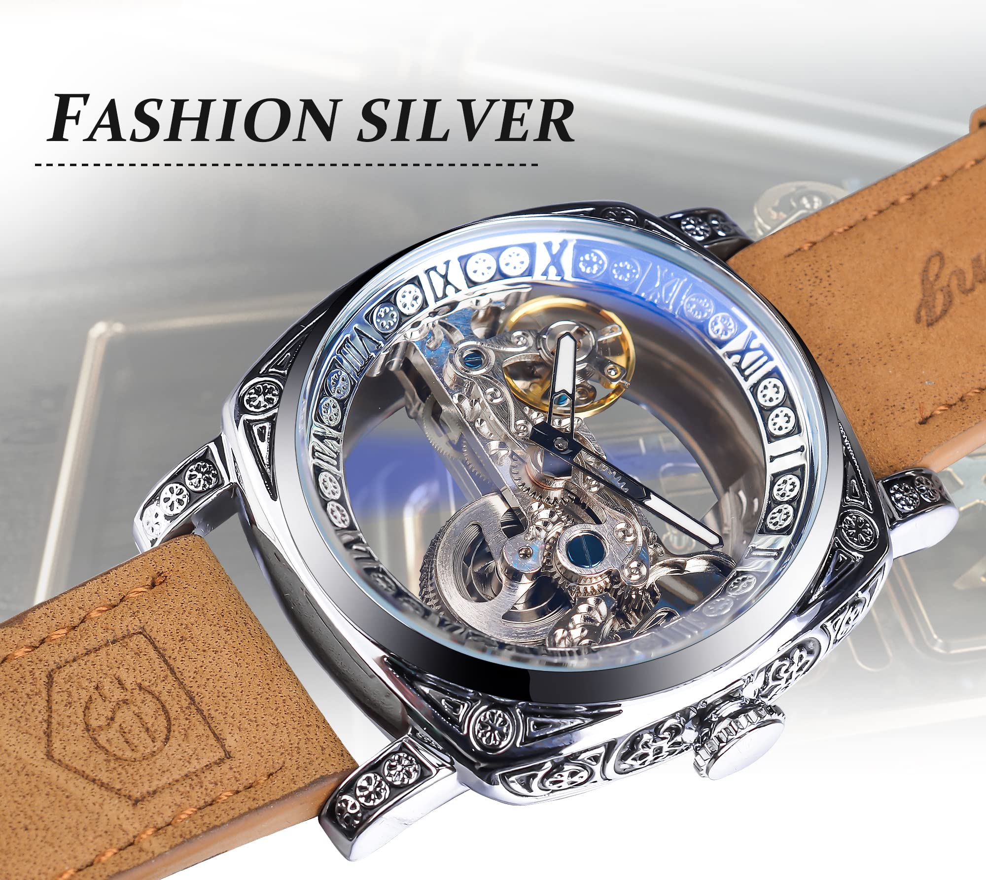 FORSINING Men's Automatic Watch - Skeleton Square Dial, Leather Strap for Business & Casual Wear