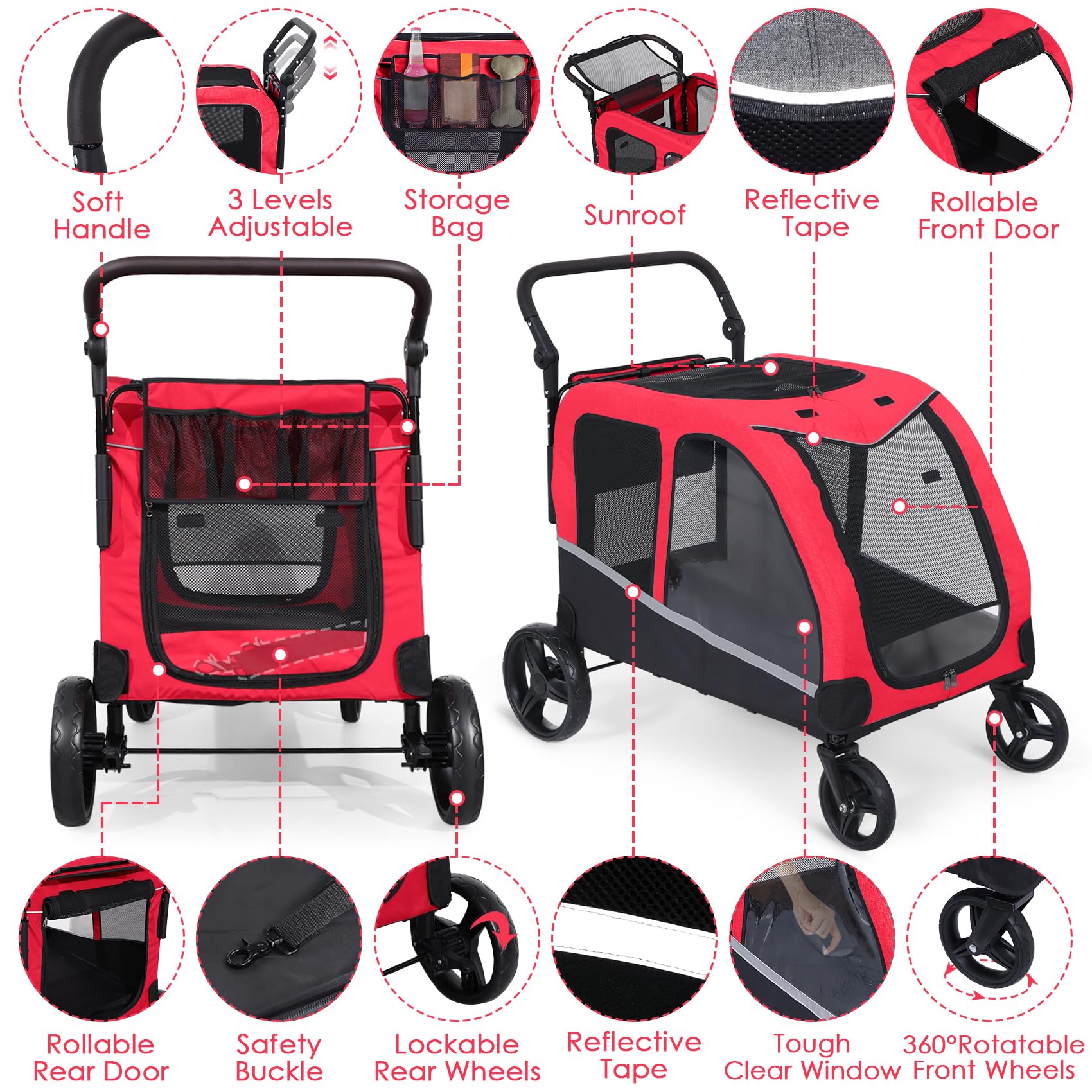 Extra Large Dog Stroller for 2 Dogs - Heavy Duty Pet Wagon & Carriage up to 160 lbs, Foldable Design with Adjustable Handle & Storage Pocket (Red) - Perfect for Walking, Shopping & Outdoor Adventures with Your Pets