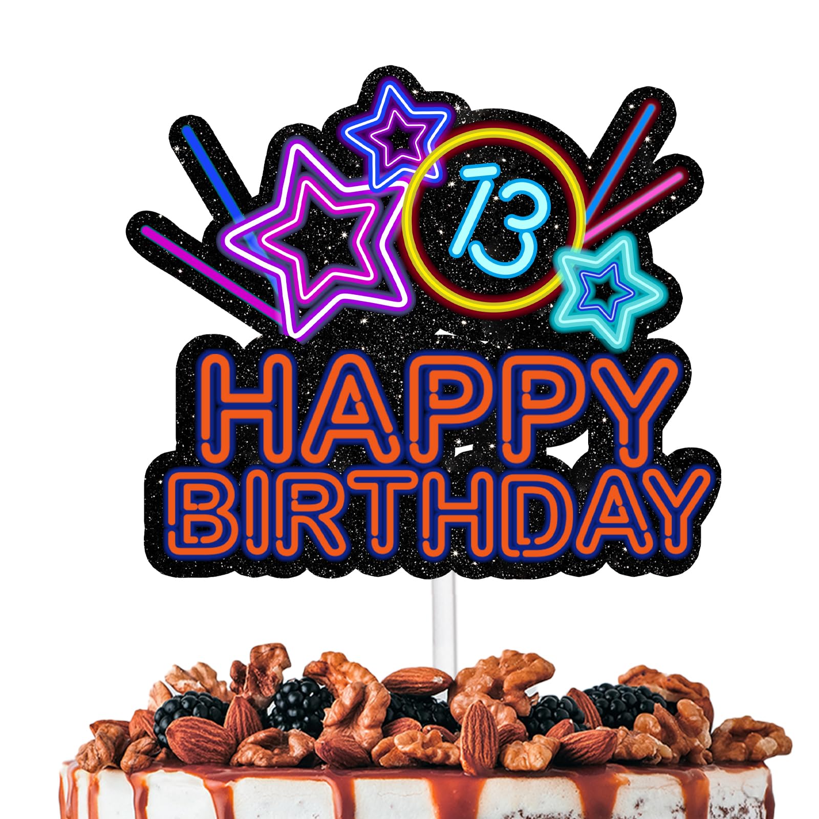 Glitter Star Happy Birthday Cake Topper - Colorful 13th Birthday Party Decorations for Boys & Girls | Perfect for Glow Crazy Themed Parties, Anniversary Celebrations & DIY Cake Decorating