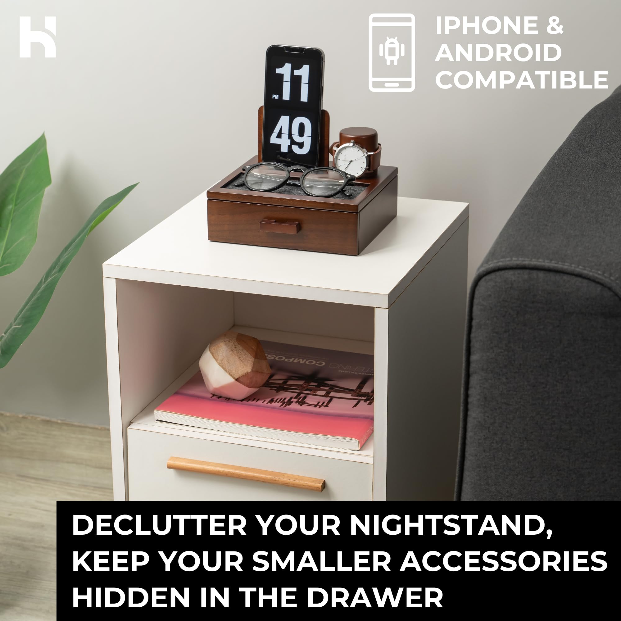 Premium Wooden Phone Docking Station with Drawer - Nightstand Organizer for Charging Phone, Watch & Keys - Felt-Lined Protection & Watch Pillar - Perfect Gift for Men - Ideal for Bedroom, Office & Travel Use