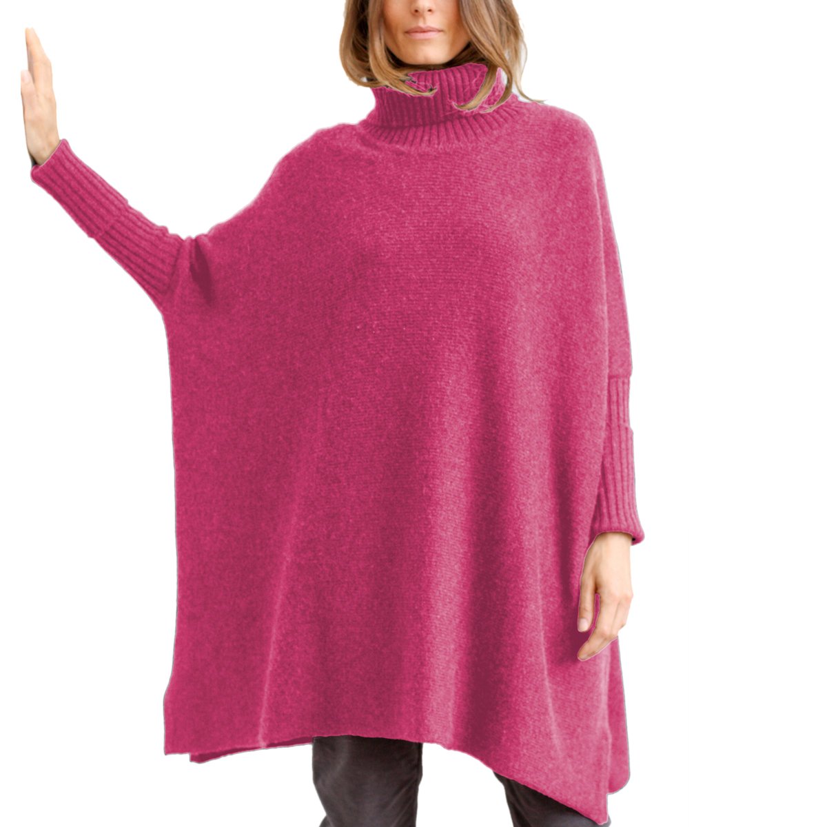 Parisbonbon Women's 100% Cashmere Ribbed Poncho - Soft Pink 5XS - Cozy Winter Wrap for Office, Travel & Casual Outings