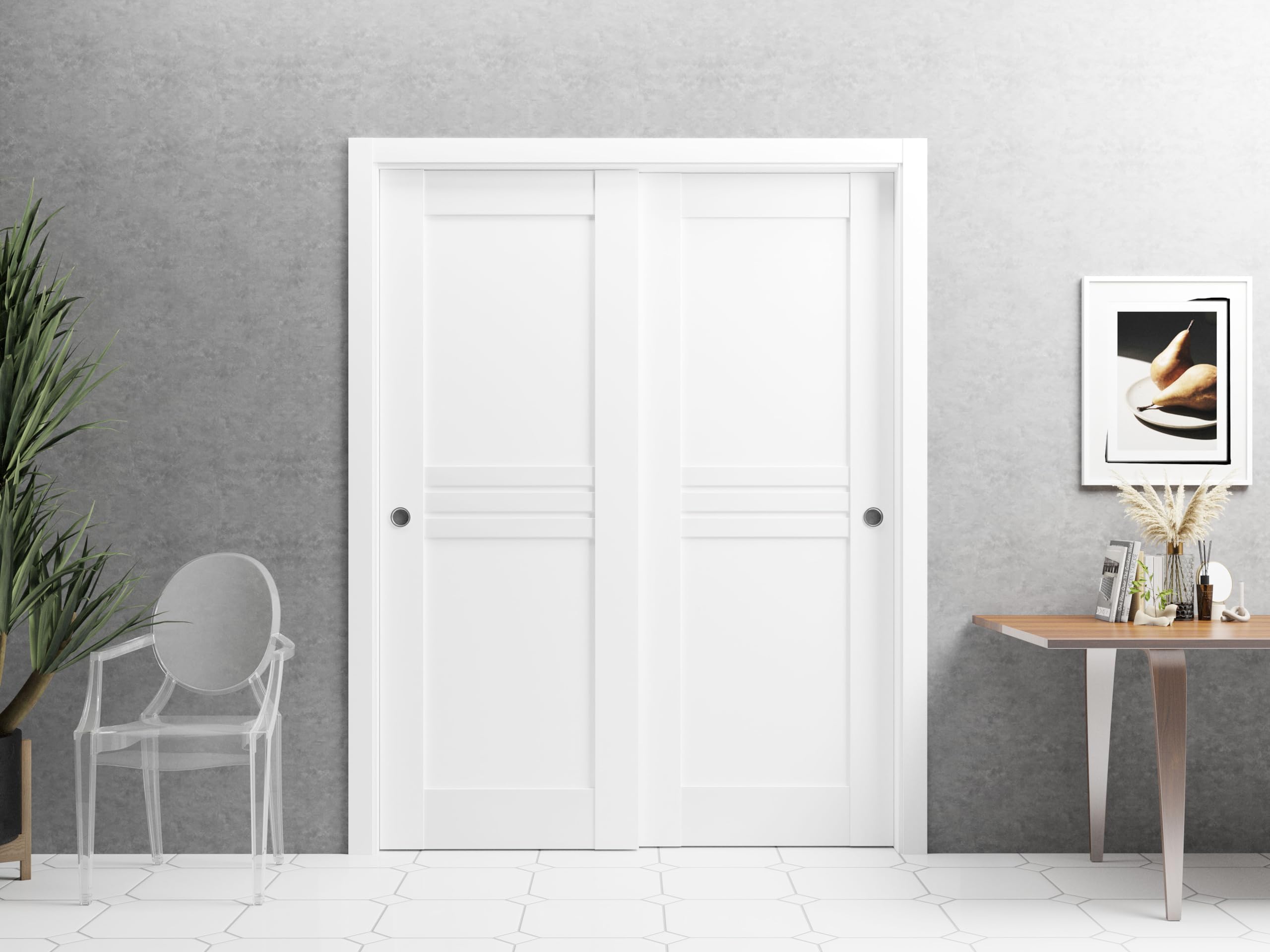 VDOMDOORS 56x84 Inch Sliding Closet Bypass Doors - White Silk Mela 7444 Finish with Rails Hardware Set | Solid Wood Bedroom Wardrobe Doors for Master Closet & Walk-in Closets