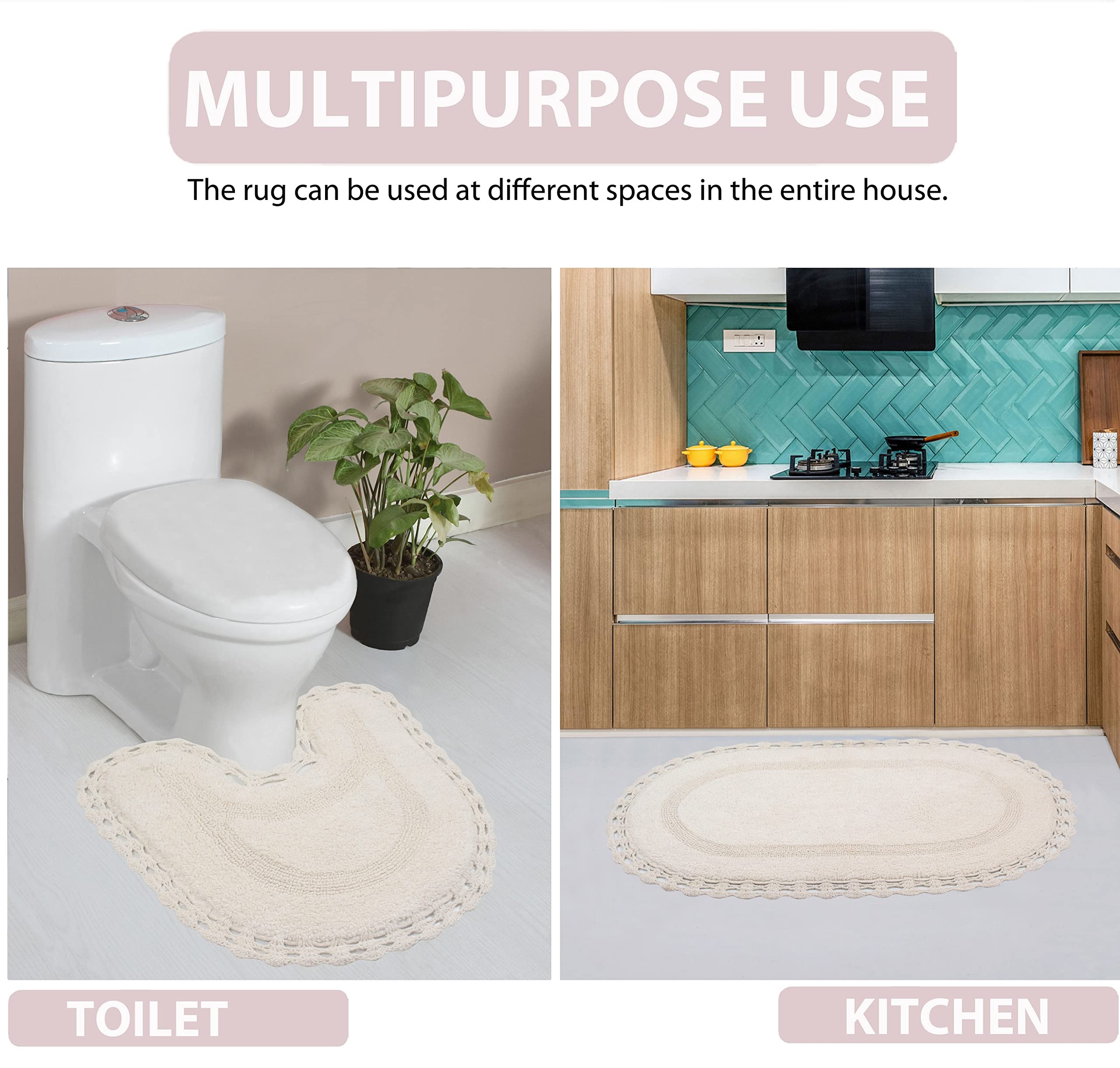 Premium 100% Cotton Reversible Bath Mat Set - Home Weavers Hampton Crochet Washable Bathroom Rug, Ultra Soft & Absorbent Non-Slip Bath Mat for Bathroom & Kitchen, 24