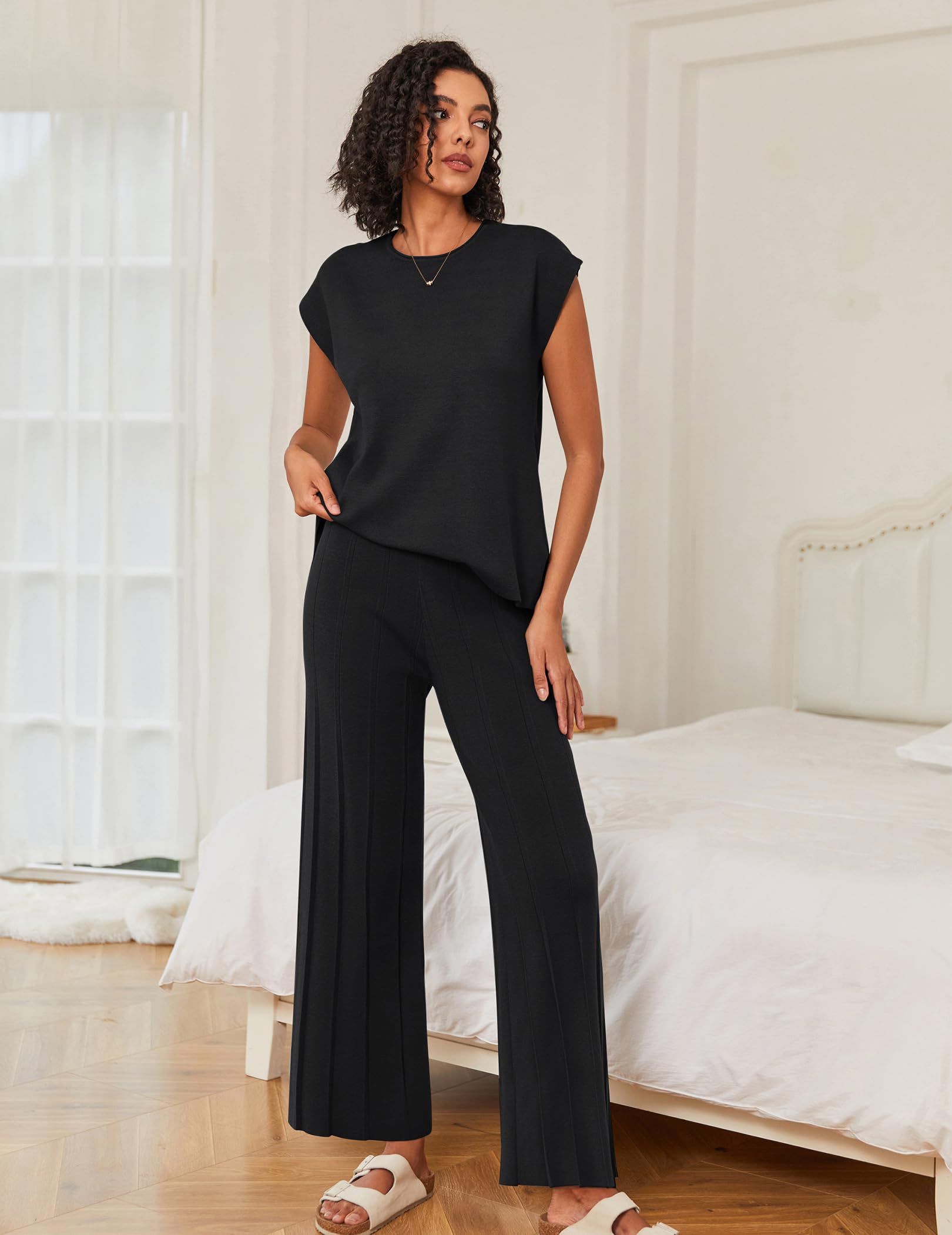 Ekouaer Women's Lounge Sets - Soft Knit Cap Sleeve Tops & Wide Leg Pleated Pants 2-Piece Outfit | Casual & Dressy Sweater Set for Home, Office & Weekend Wear