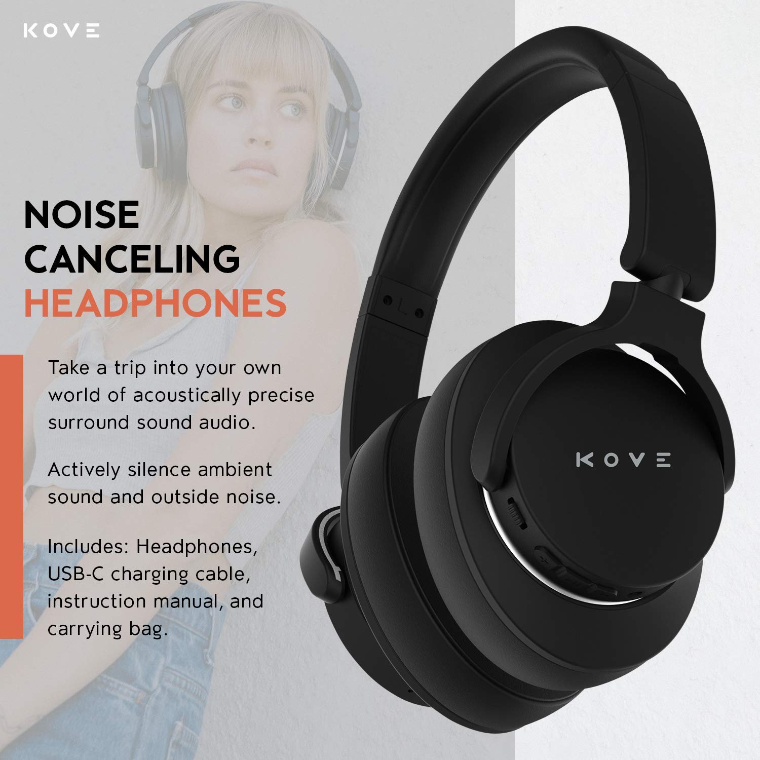 KOVE 101-N Active Noise Cancelling Wireless Bluetooth Headphones - Over-Ear Hi-Res Audio with Deep Bass, 200H Battery Life, Memory Foam Earpads | Built-in Mic for Calls | Perfect for Travel, Home Office & Commuting