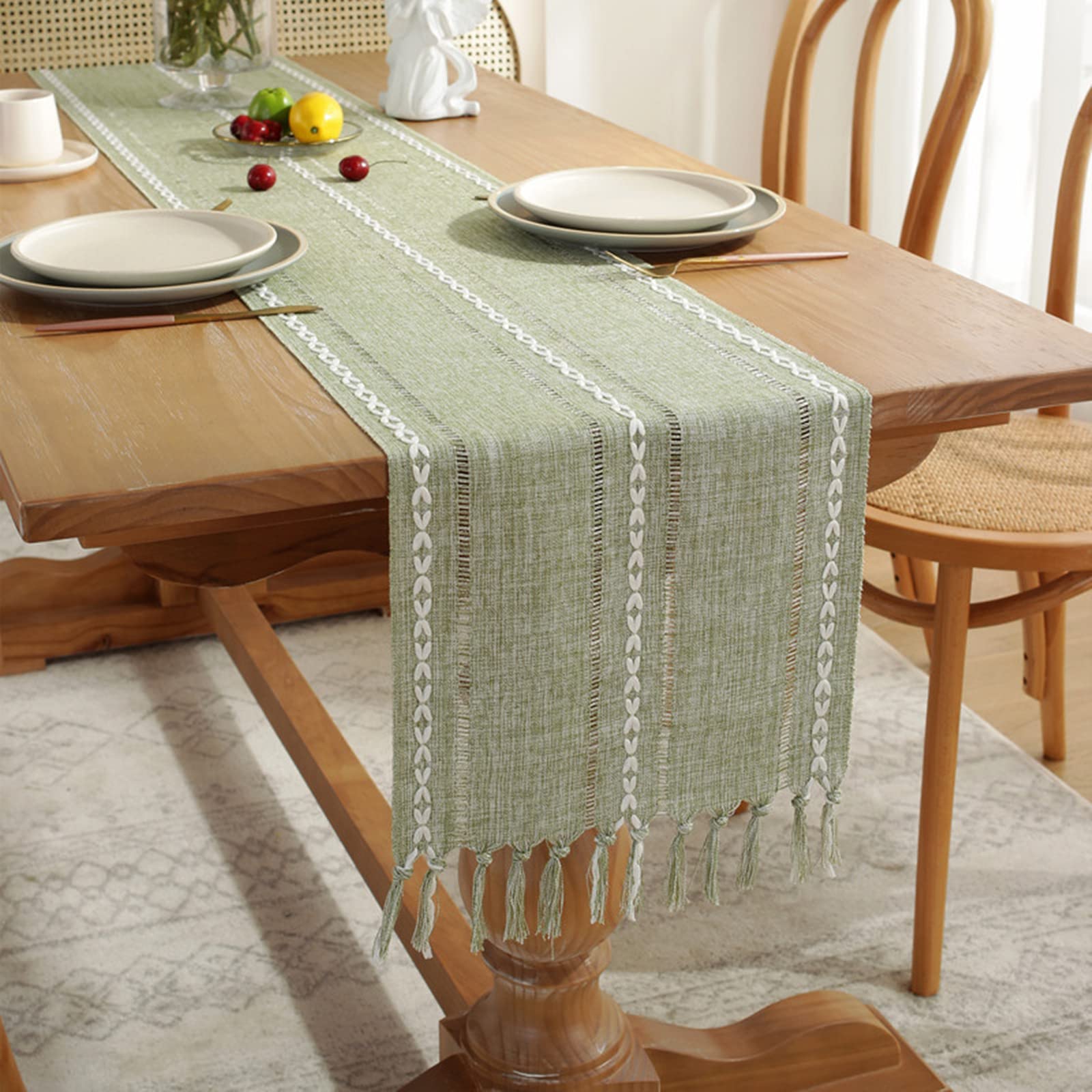 Jeloris Braided Striped Table Runner - Farmhouse Cotton Linen Tablecloth with Tassels - 12 x 108 Inch Green Decorative Table Scarf for Christmas, Kitchen, Dining Room, Wedding & Party Decorations - Perfect for Holiday Gatherings and Home Decor