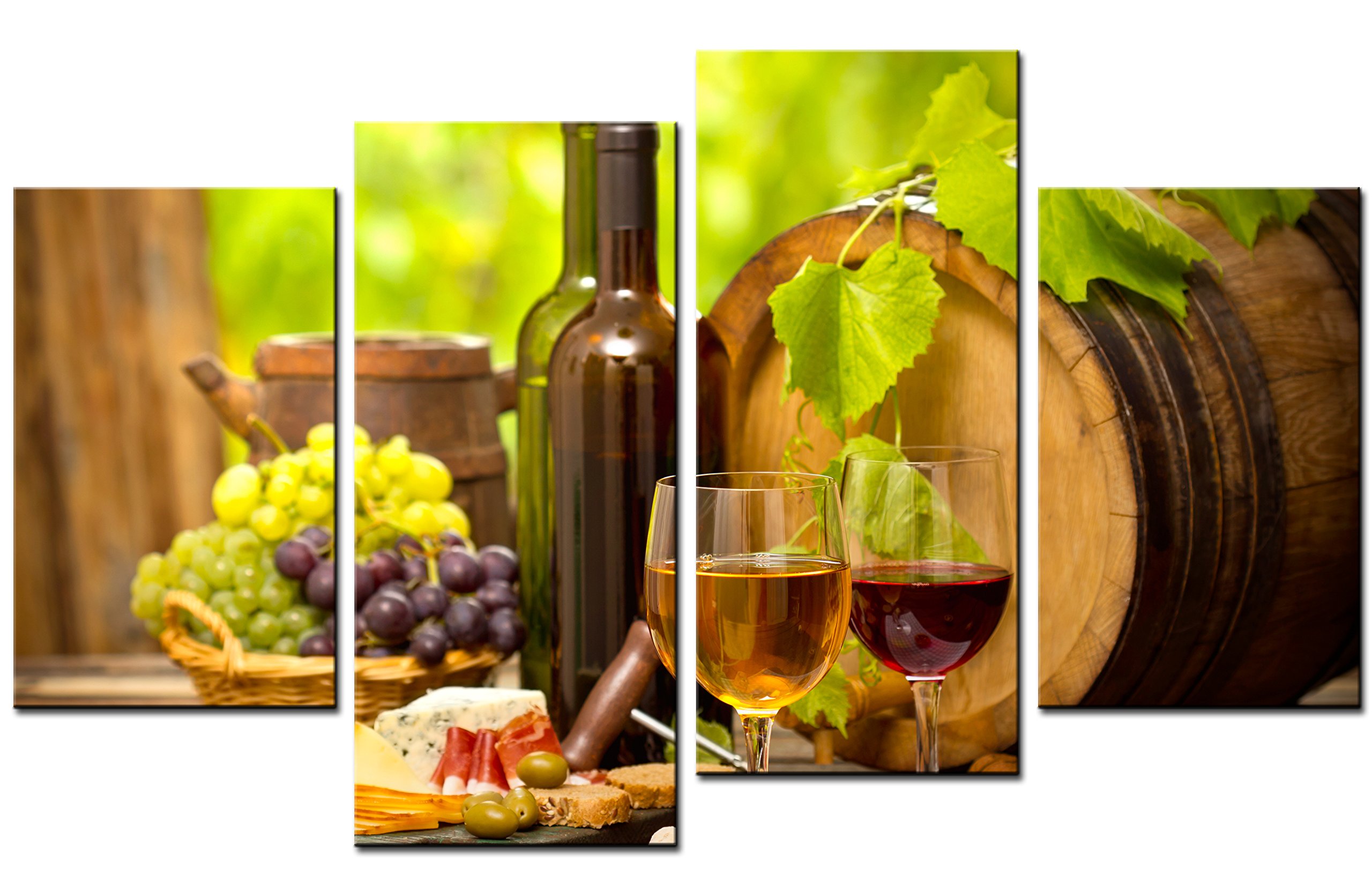 French Oak Wine Barrel & Food Paintings - 4 Piece Canvas Wall Art Set for Modern Home Decor | Perfect for Dining Room, Kitchen & Wine Cellar Decorations