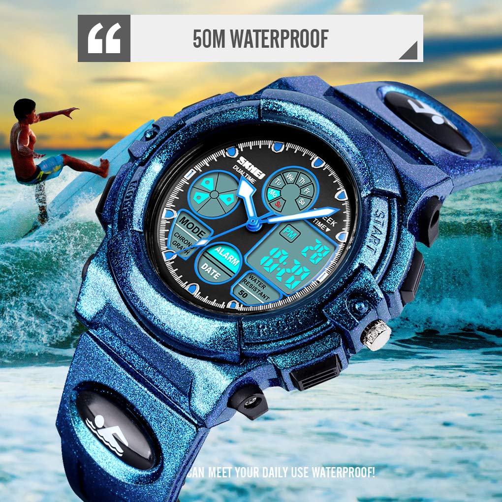Boys Digital Sports Watch - 50M Waterproof Electronic Watch with LED Display - Blue - Perfect for Outdoor Activities, Swimming & School