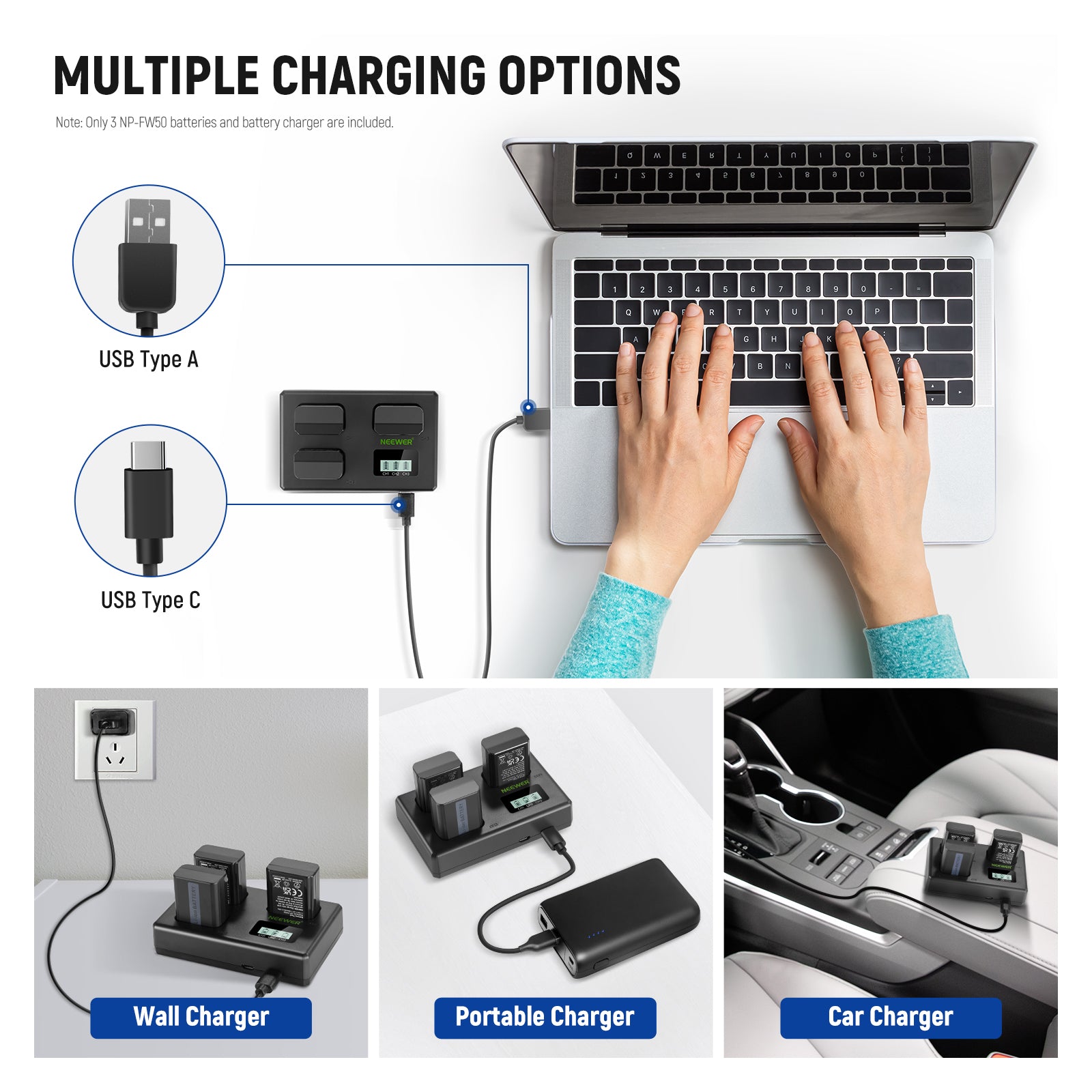 NEEWER NP-FW50 3-Pack Replacement Battery and Dual USB Charger for Sony Cameras - Perfect for Travel, Vlogging & Professional Photography