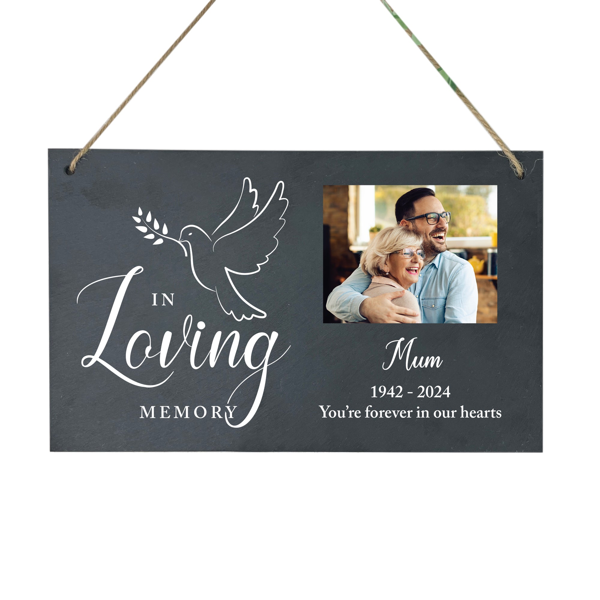 Personalized In Loving Memory Dove Photo Slate Hanging Plaque - 10x6 Inch Memorial Gift for Loss of Loved One - Perfect for Funeral, Graveside Decor & Sympathy Keepsake