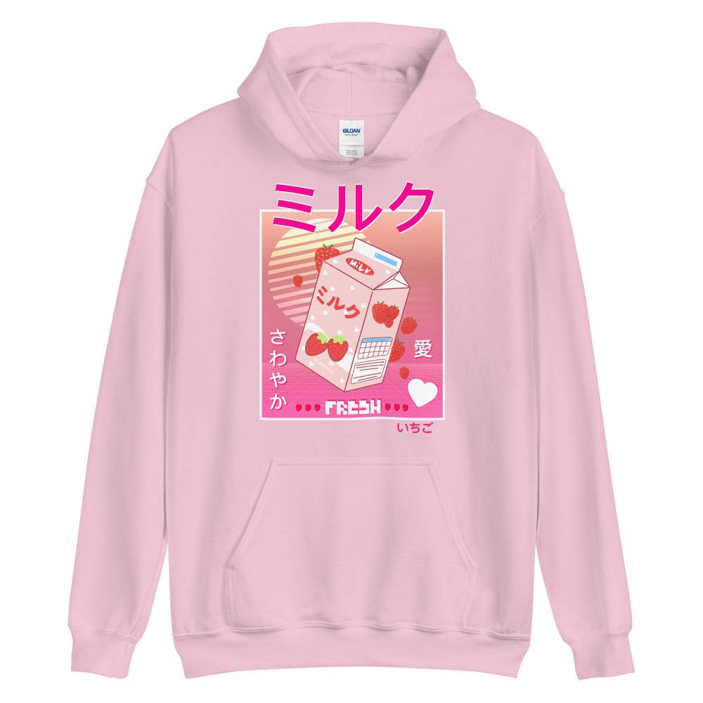 90s Vaporwave Japanese Strawberry Milk Carton Hoodie - Kawaii Pink & White Unisex Cosplay Sweatshirt | Anime Manga Otaku Fashion | Perfect for Conventions & Retro Streetwear