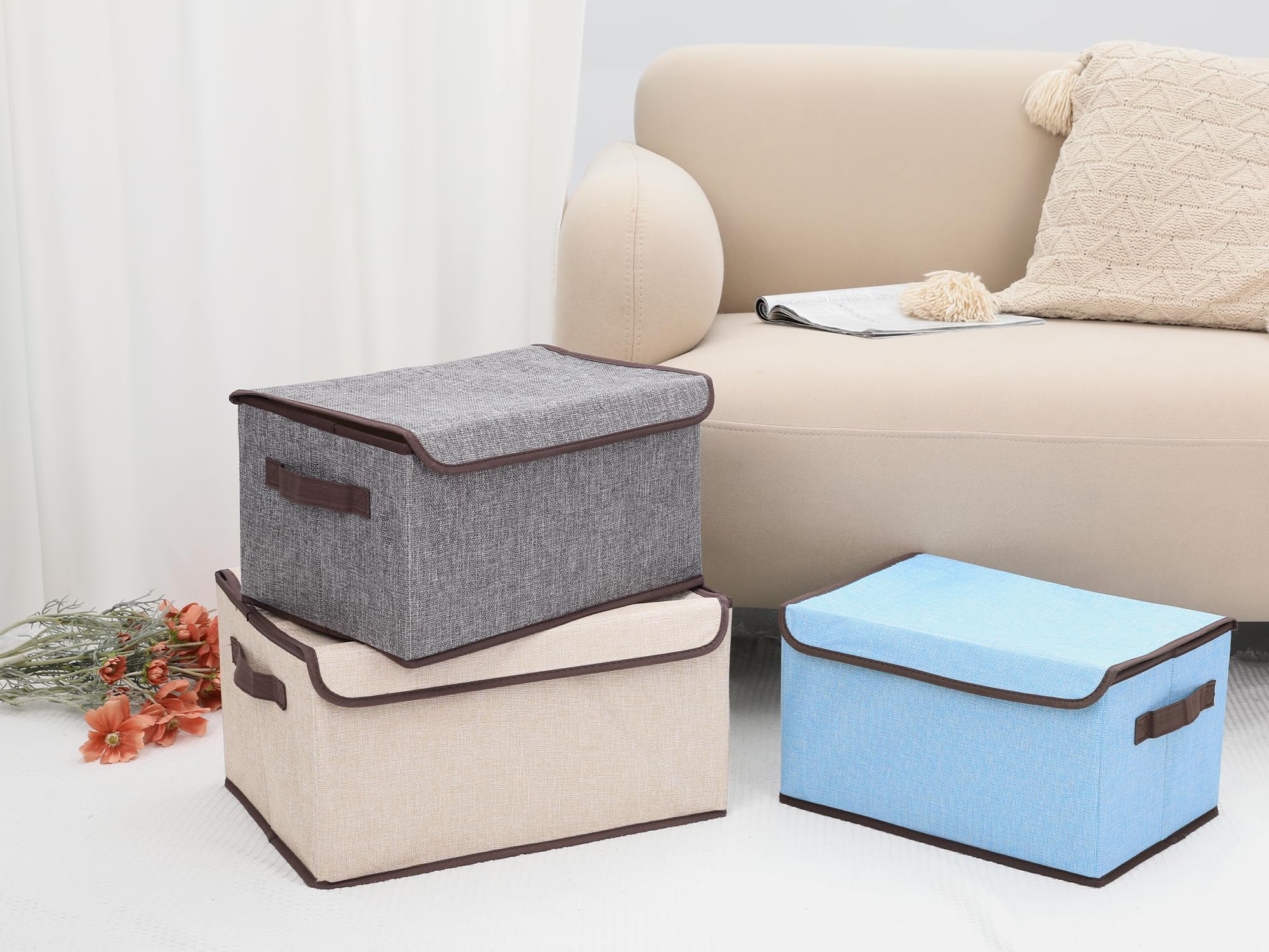 Fabric Storage Bin Cube with Handles & Lid - 15.7x11.8x8.7 Inch Collapsible Organizer Basket for Closet, Shelves, Clothes, Books - Grey - Perfect for Bedroom, Nursery, Office & Home Organization