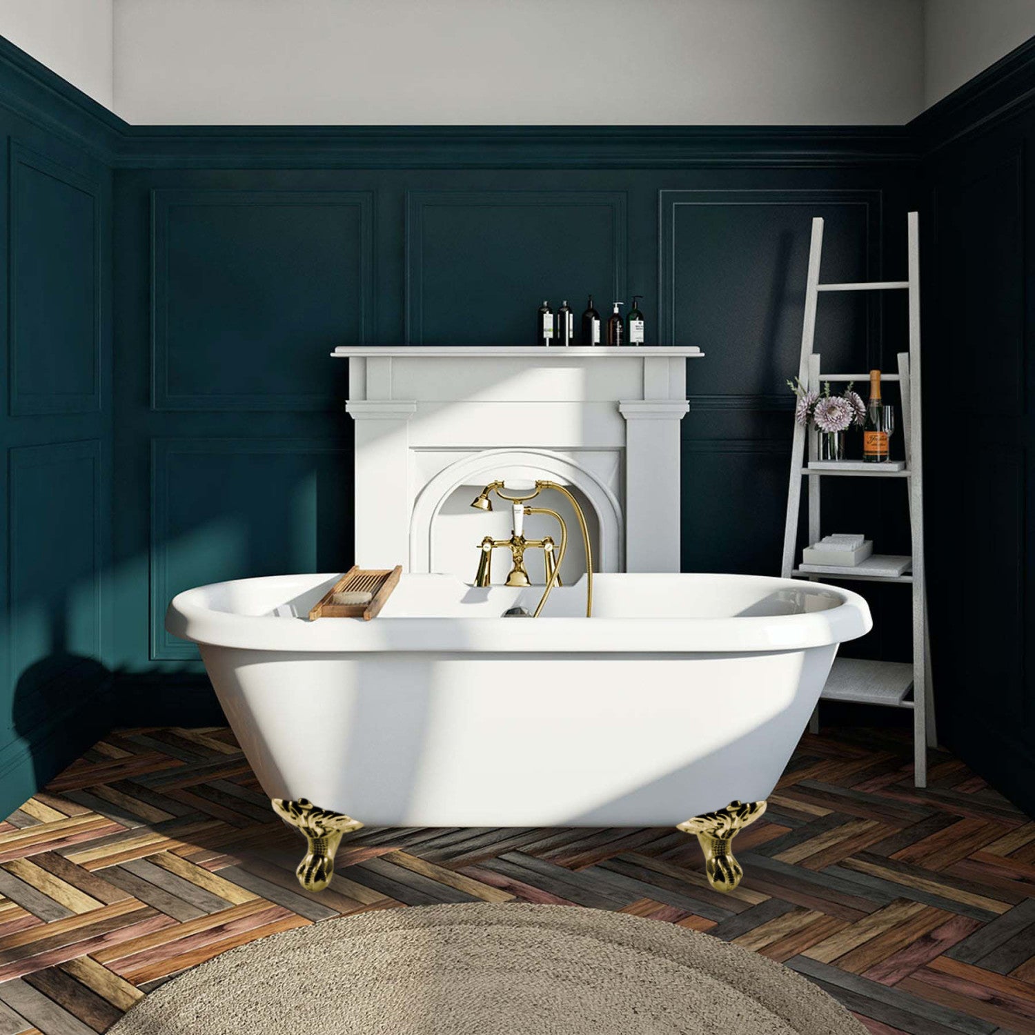 67 Inch Acrylic Oval Double Ended Clawfoot Bathtub with 7 Inch Faucet Drillings - Glossy White & Polished Brass Finish - Vintage Style Freestanding Soaking Tub for Luxury Bathroom & Spa Relaxation