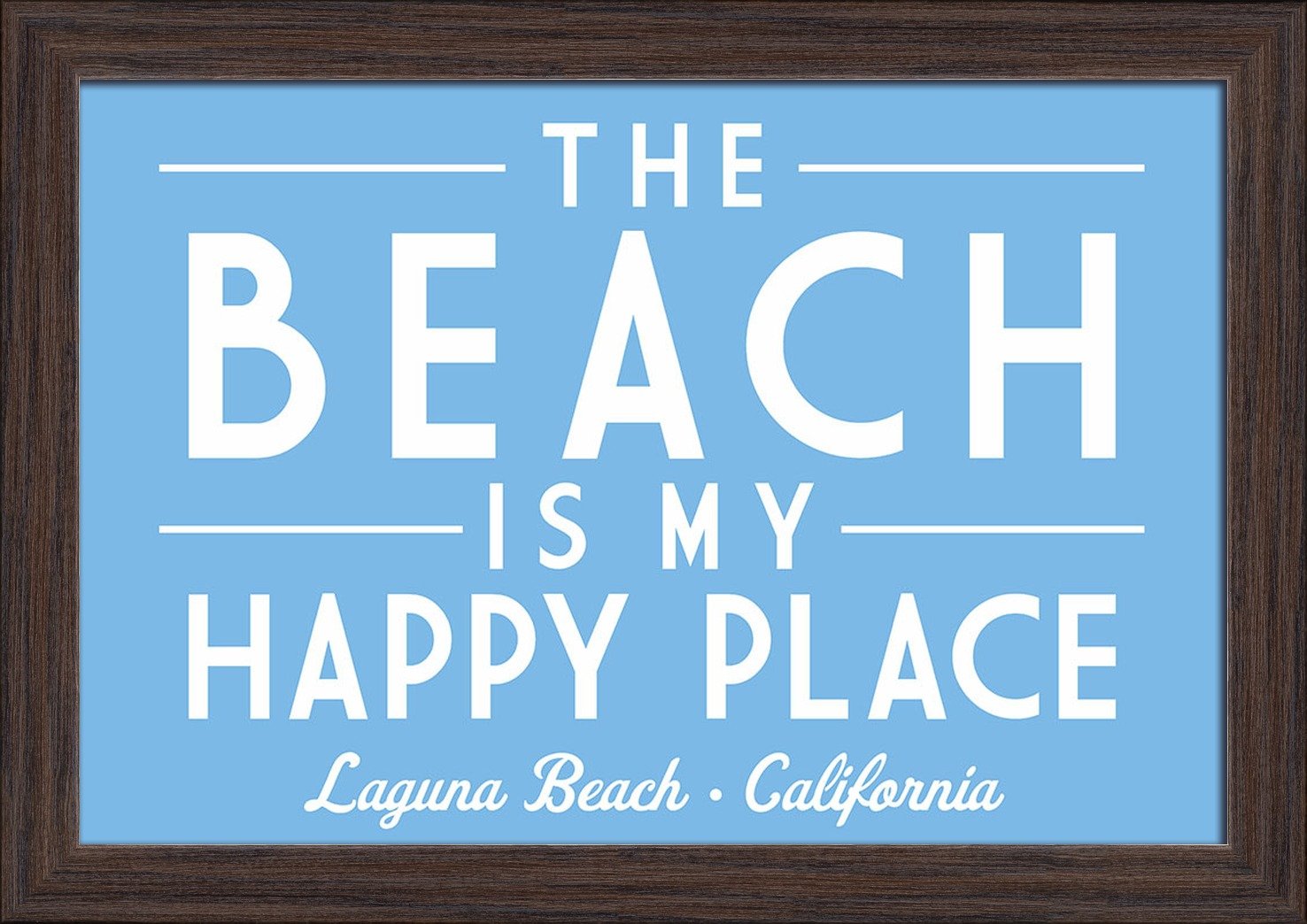 Laguna Beach California Fine Art Print - 'The Beach is My Happy Place' 12x18 Inch Giclee Print in Recycled Wood Frame (Espresso Brown) - Perfect for Coastal Home Decor, Beach House Wall Art & Living Room Decorations