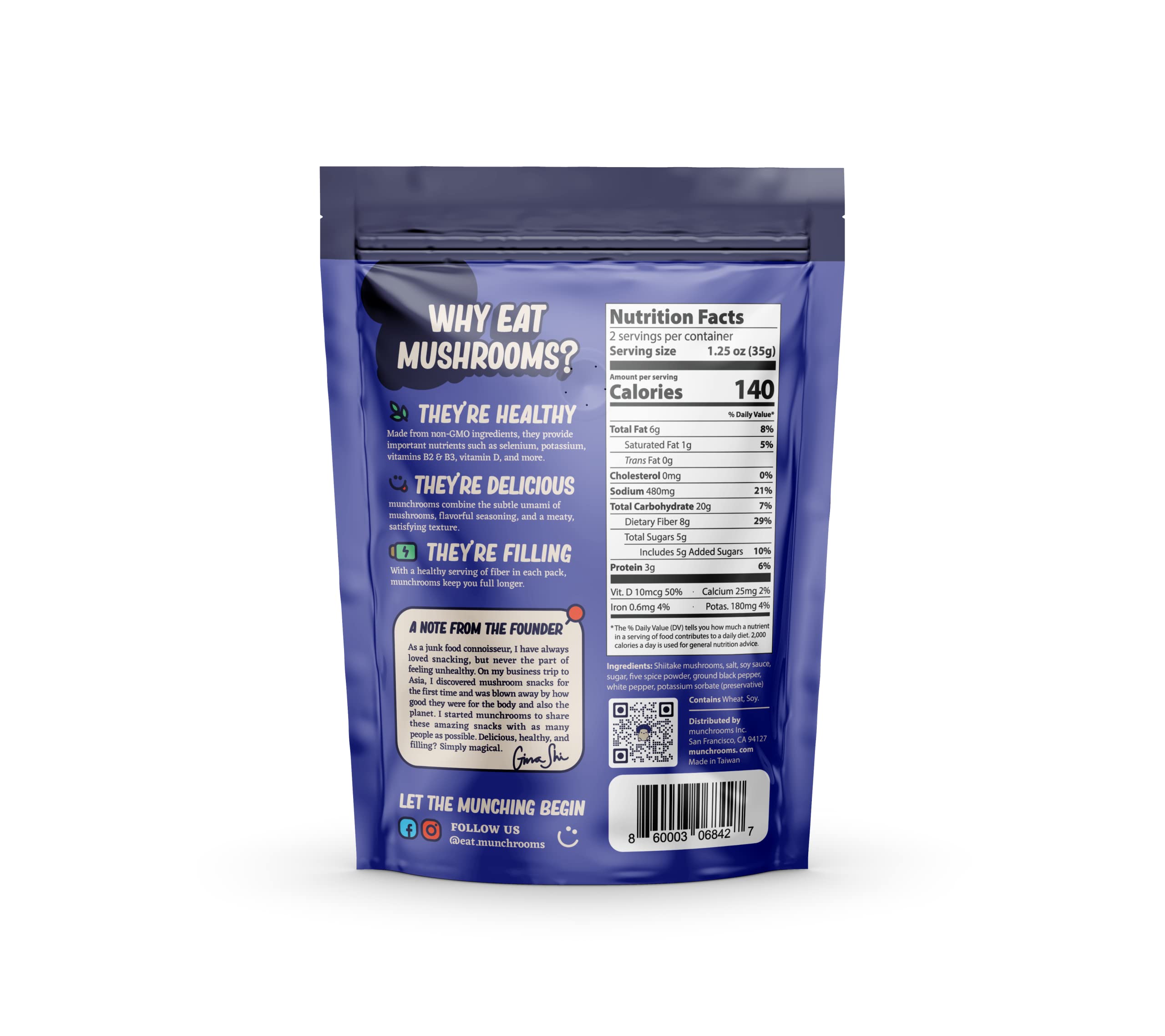 100% Plant-Based Vegan Mushroom Jerky - Cracked Black Pepper Flavor | Healthy Vegan Snacks, Non-GMO, Gluten-Free | Made with Shiitake Mushrooms | 2.5oz (70g) 6-Pack | Perfect for Hiking, Camping & On-the-Go Snacking