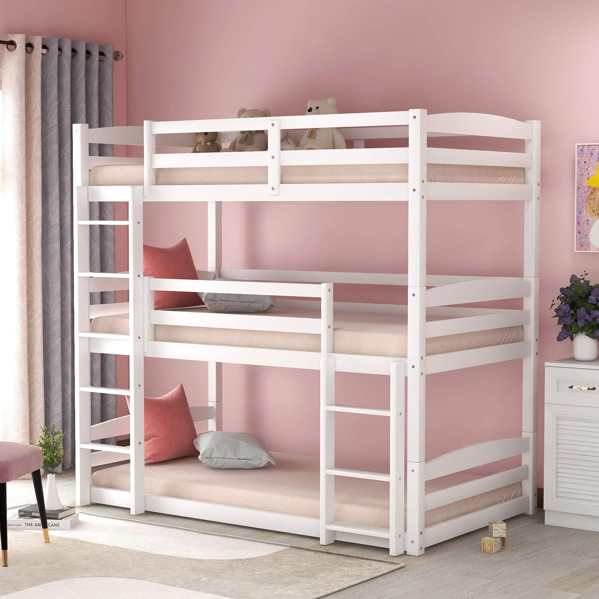 JULYFOX Triple Bunk Bed - Twin Over Twin Over Twin Solid Wood Frame, White Space-Saving Floor Bunk Bed with Ladders & Guard Rails (No Box Springs Needed) - Perfect for Kids' Bedrooms, Dorms, and Small Spaces