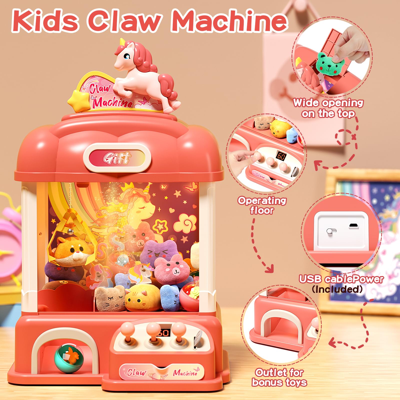 Mini Claw Machine for Kids - Electronic Candy Vending Grabber Game with Lights & Sound, Prize Dispenser Toy for Boys & Girls Birthday Parties (Includes 35 Prizes & 25 Game Coins) - Perfect for Birthday Gifts, Arcade Fun, and Family Game Nights
