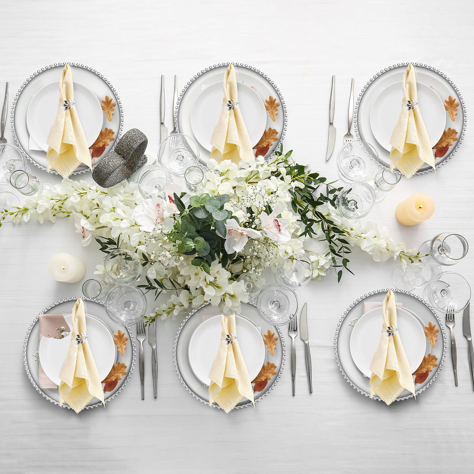 Bokon 50-Pack 13 Inch Clear Acrylic Charger Plates with Beaded Edge & Napkin Rings - Elegant Plastic Dinner Plates for Wedding, Thanksgiving Party Decorations (Clear & Silver) - Perfect for Table Settings, Buffets, and Special Events