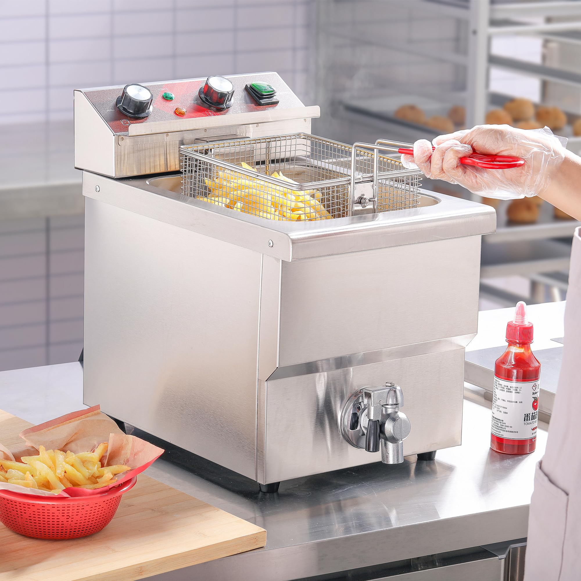 12L Large Commercial Electric Deep Fryer with Oil Drain, Timer, Basket & Lid - Stainless Steel Countertop Fryer for Restaurant & Home Kitchen (120V 1750W) - Perfect for Frying Chicken, Fish, French Fries & More