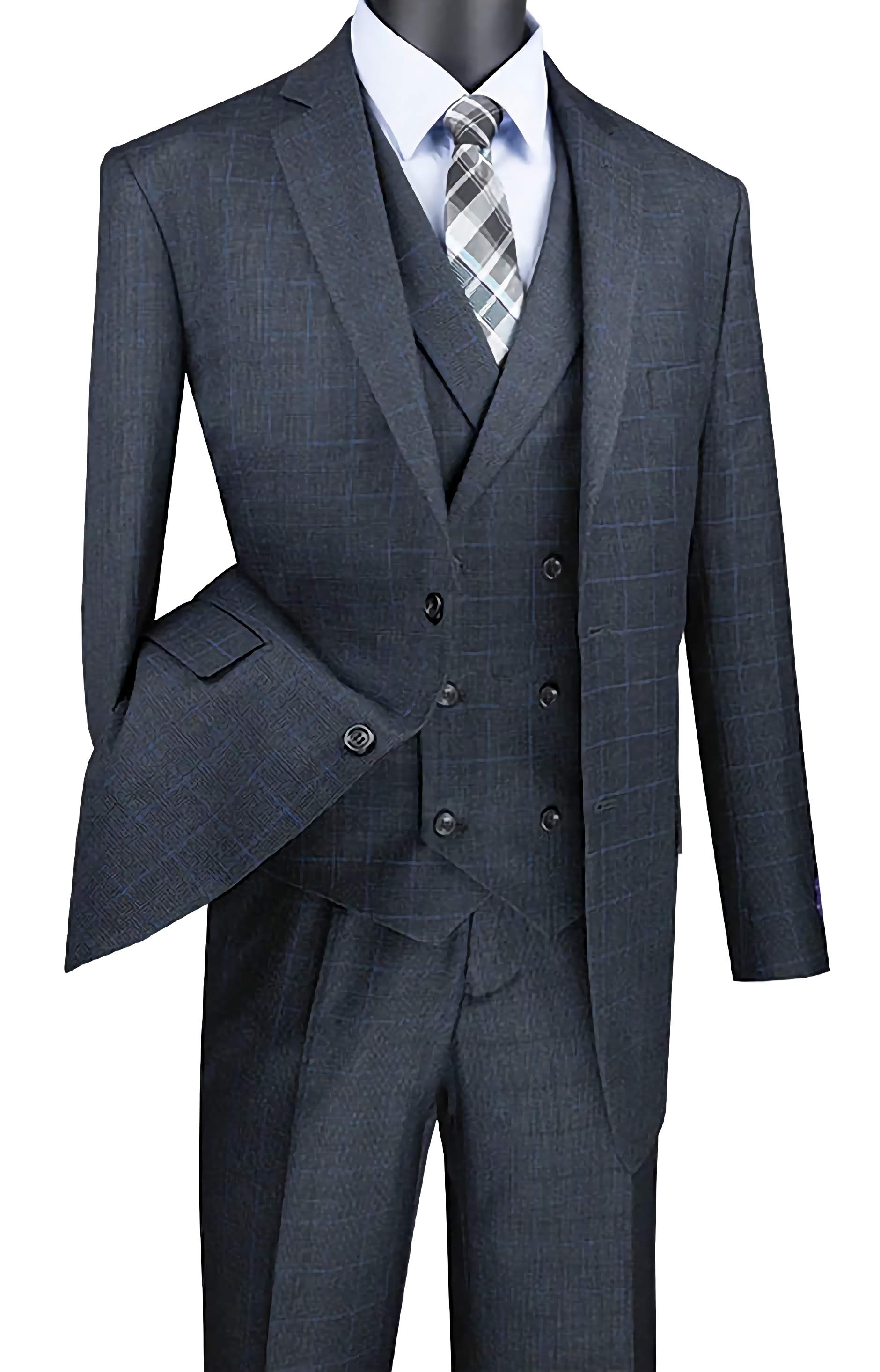 Victoria Collection Men's Charcoal Gray Regular Fit Glen Plaid 3-Piece Suit Set with 2-Button Jacket - Formal Business Attire, Wedding & Special Occasions