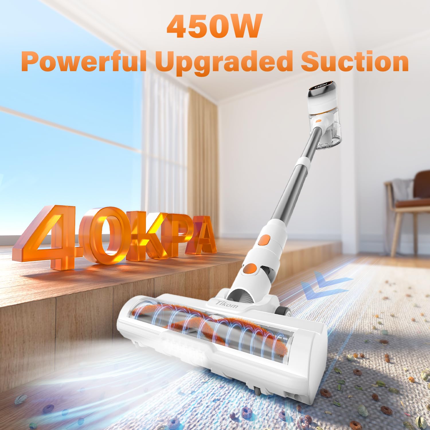 Tikom V500 Cordless Stick Vacuum Cleaner - 40000Pa/450W Powerful Suction, LED Touch Screen, Lightweight Handheld for Pet Hair, Hard Floors & Carpets - Includes Charging Wall Dock & Anti-Tangle Technology - Perfect for Home Cleaning, Car Detailing & Pet Owners