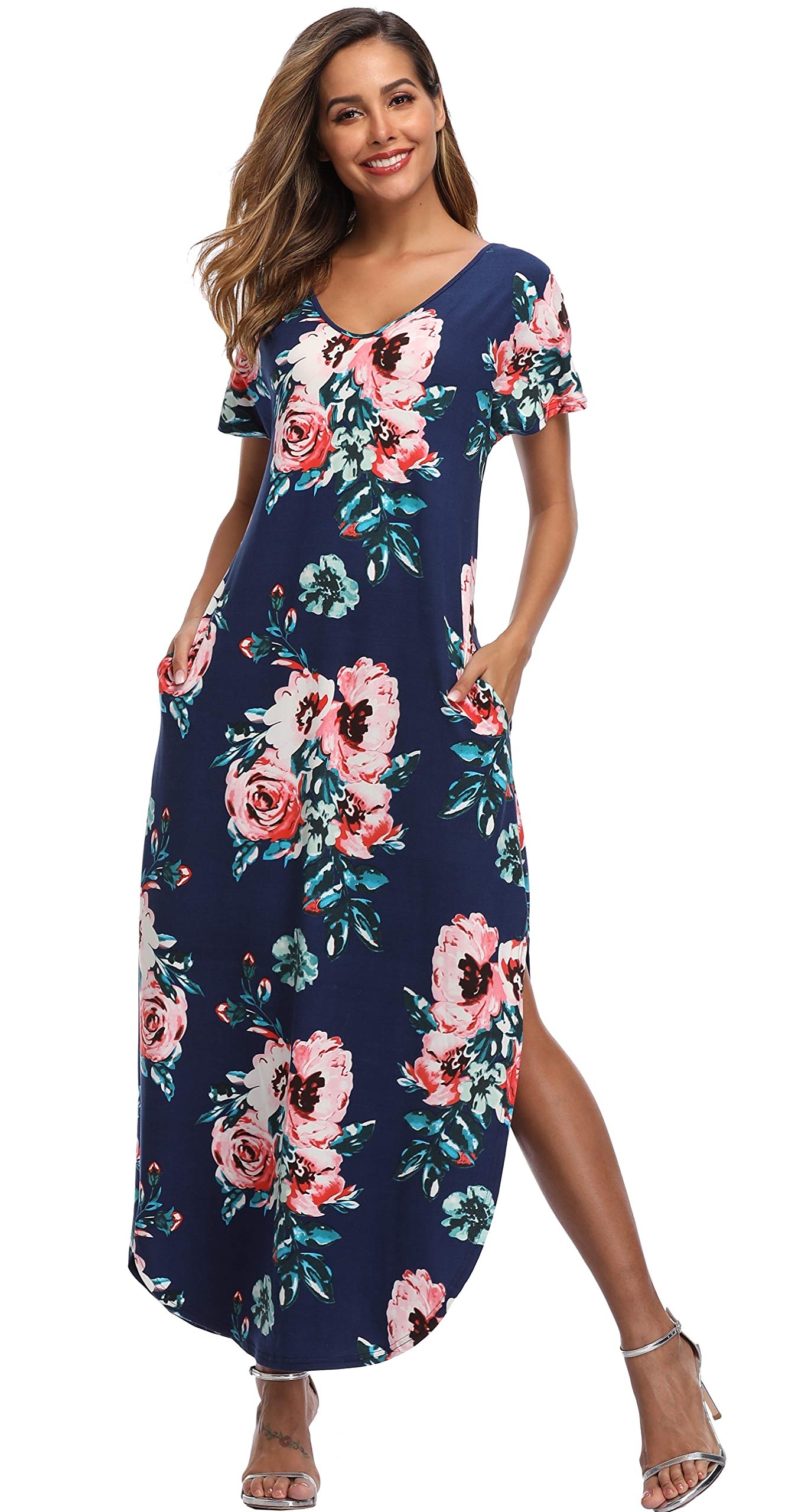 Floral Print Women's Maxi Dress - Long Casual Summer Dress with Pockets for Beach, Party & Vacation | Lightweight Flowy Boho Dress for Outdoor Events & Travel