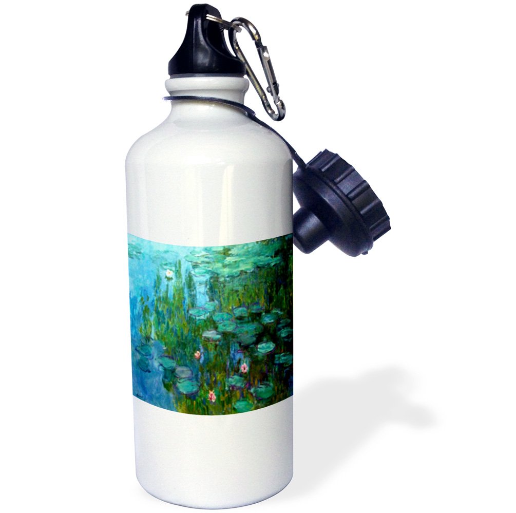 3D Rose Monet's Water Lilies Painting Insulated Sports Water Bottle - 21 oz, White - Perfect for Gym, Hiking & Outdoor Activities