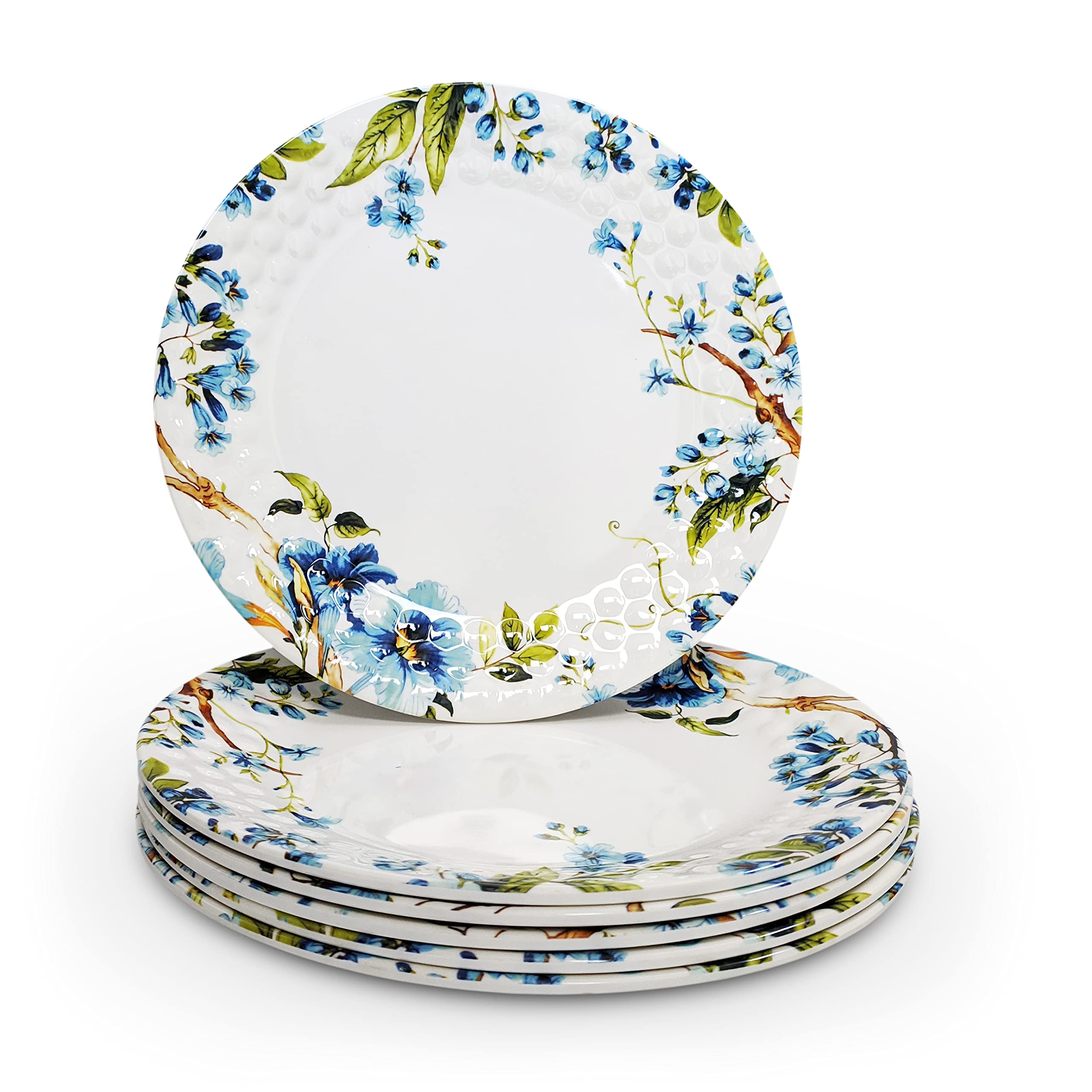KONVIO 6-Piece Melamine Dinner Plate Set - 11 Inch Unbreakable Plates, Floral White Design - Perfect for Outdoor Dining, Picnics, and Everyday Use