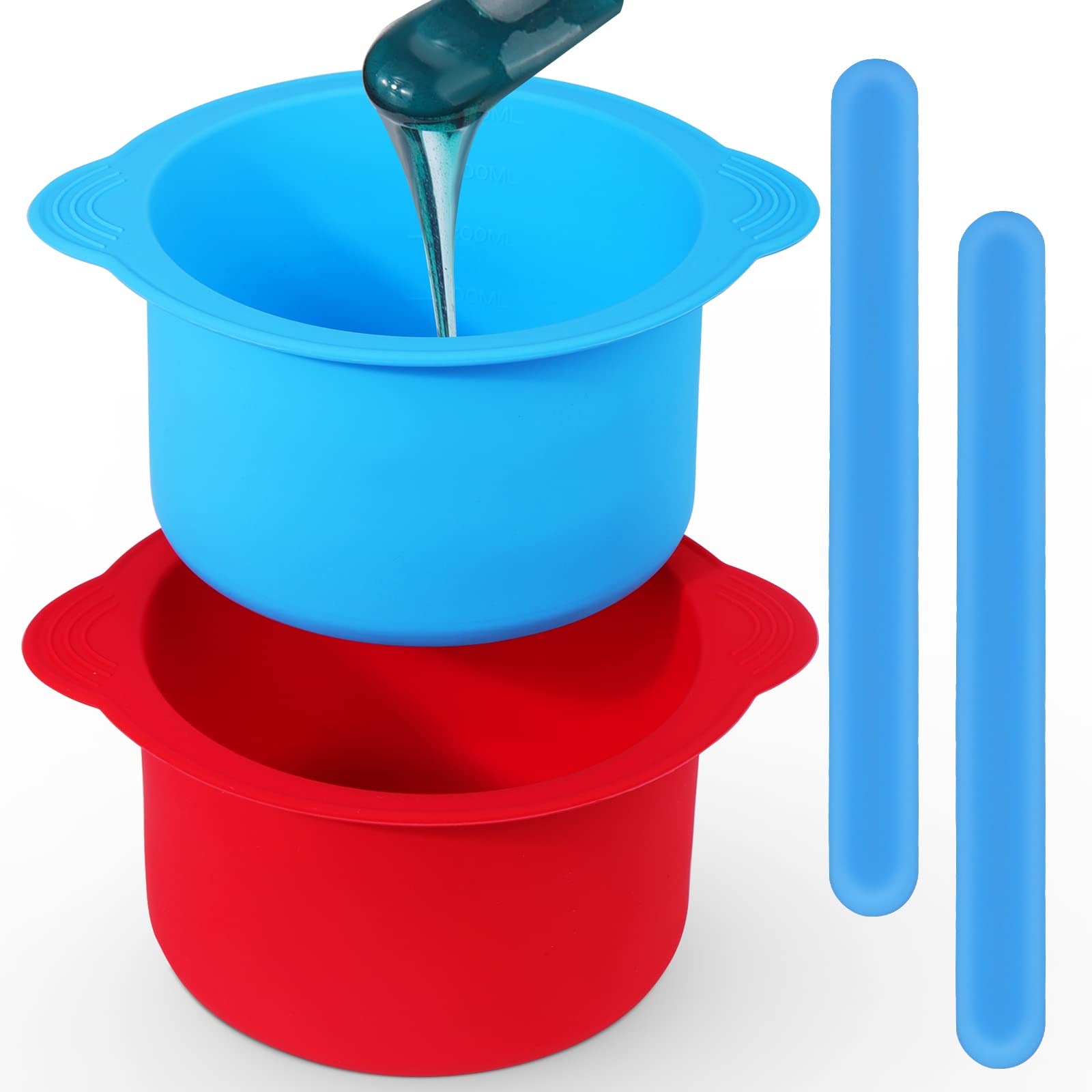 2-Pack Silicone Wax Warmer Liners - Non-Stick Wax Pot Replacement Bowls with 2 Silicone Spatulas for Hair Removal (Blue & Red) | Reusable Wax Melting Accessories for Home Salon & DIY Beauty Treatments