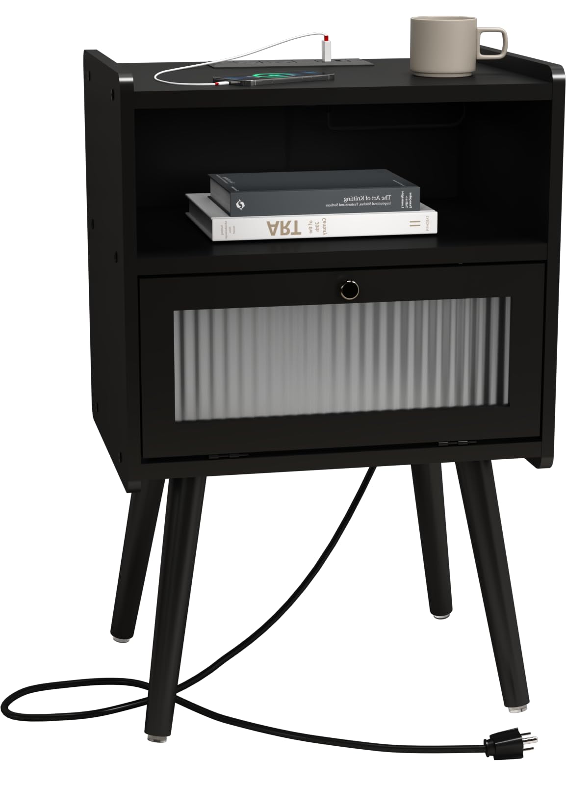 Mid Century Modern Nightstand with USB Charging Station - Bedside Table with Glass Decorative Door & 2-Tier Storage - End Table for Bedroom, Living Room, Office - Black Wood Nightstand for Phone Charging & Home Decor