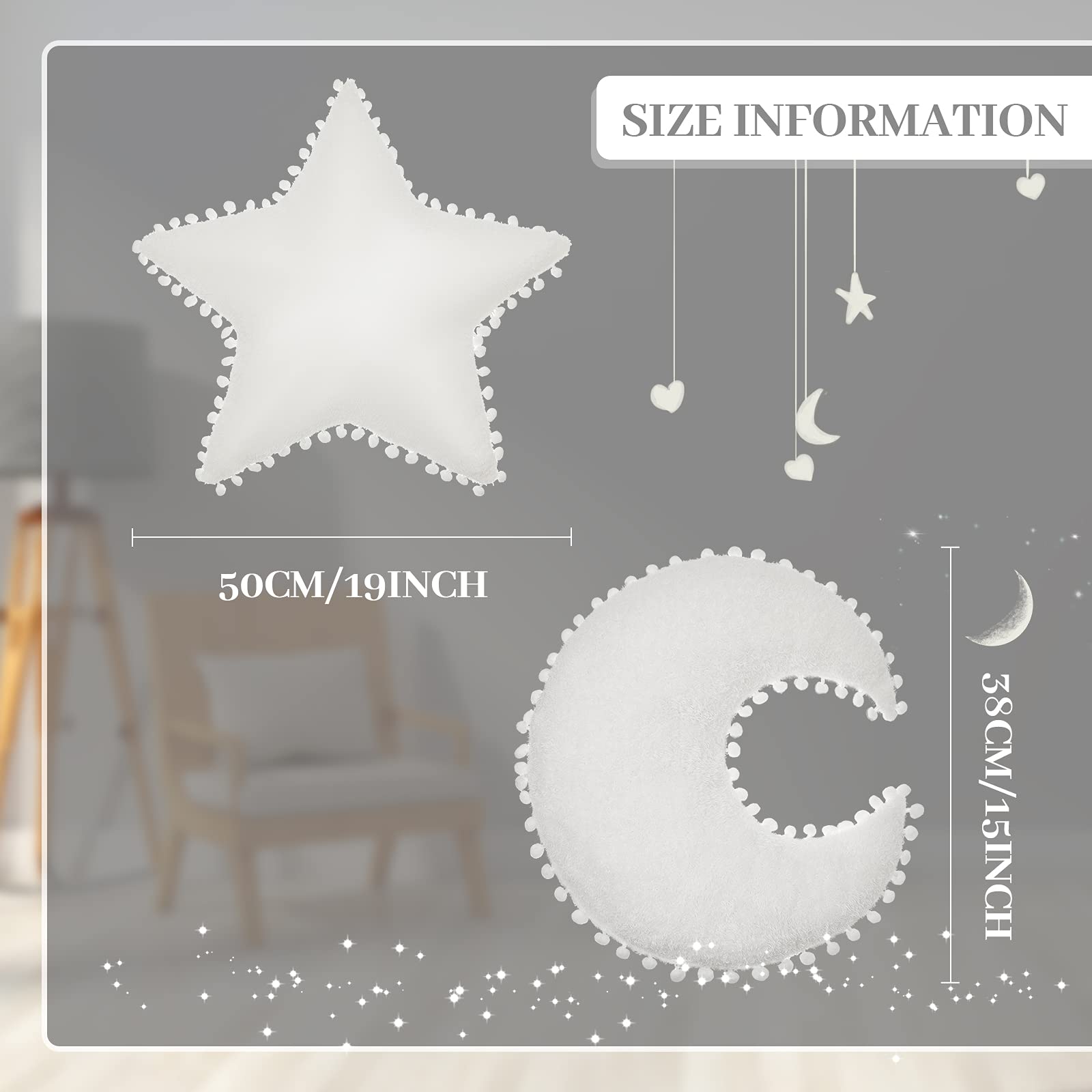 2-Piece Star and Moon Shaped Plush Pillow Set - Soft Decorative Nursery Pillows for Kids, Girls & Boys - Perfect for Bedroom Decor, Birthday Gifts and Baby Showers (White)