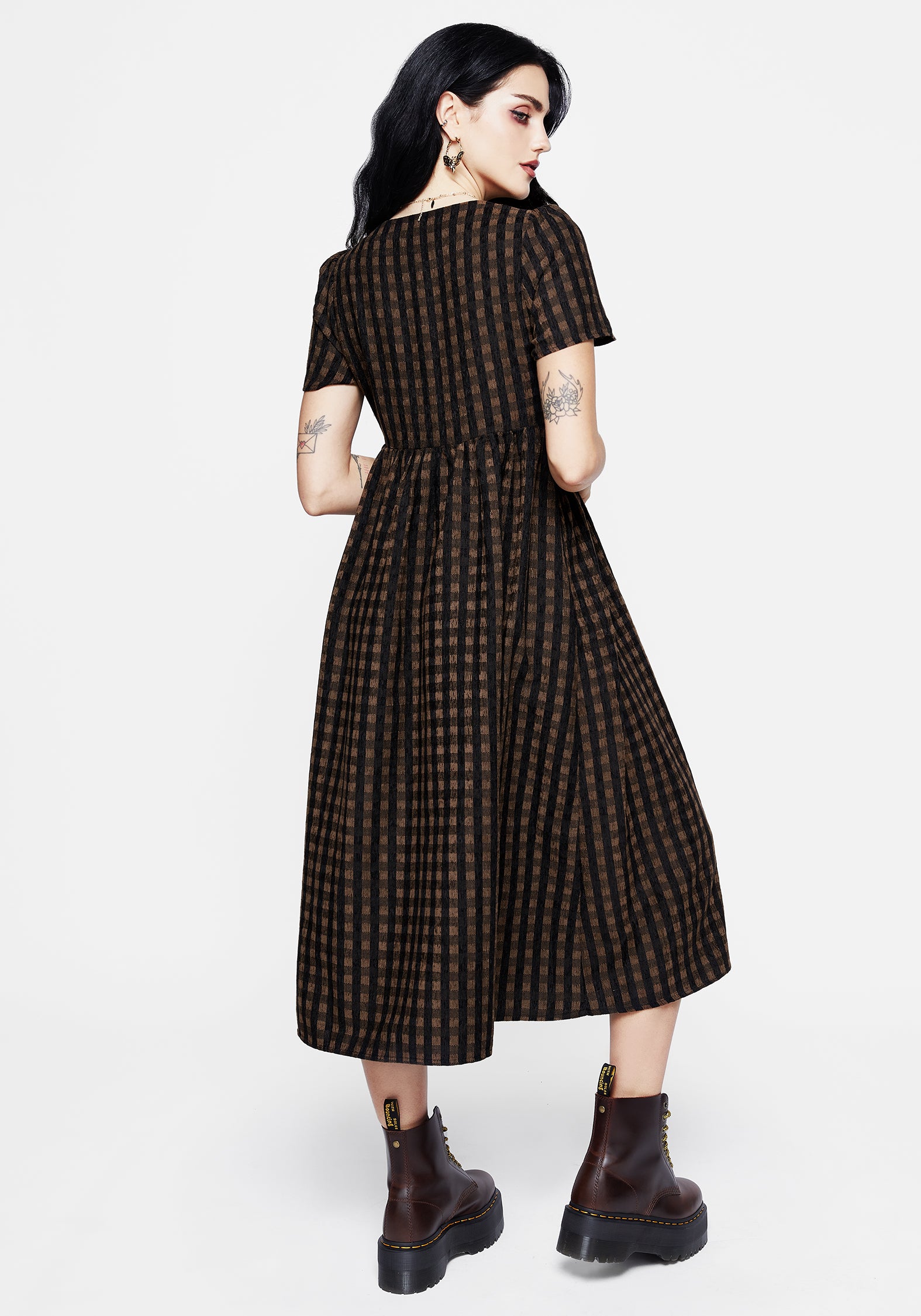 Stylish Rydal Check Button Up Midi Dress in Brown - Perfect for Office Wear, Casual Outings & Special Occasions