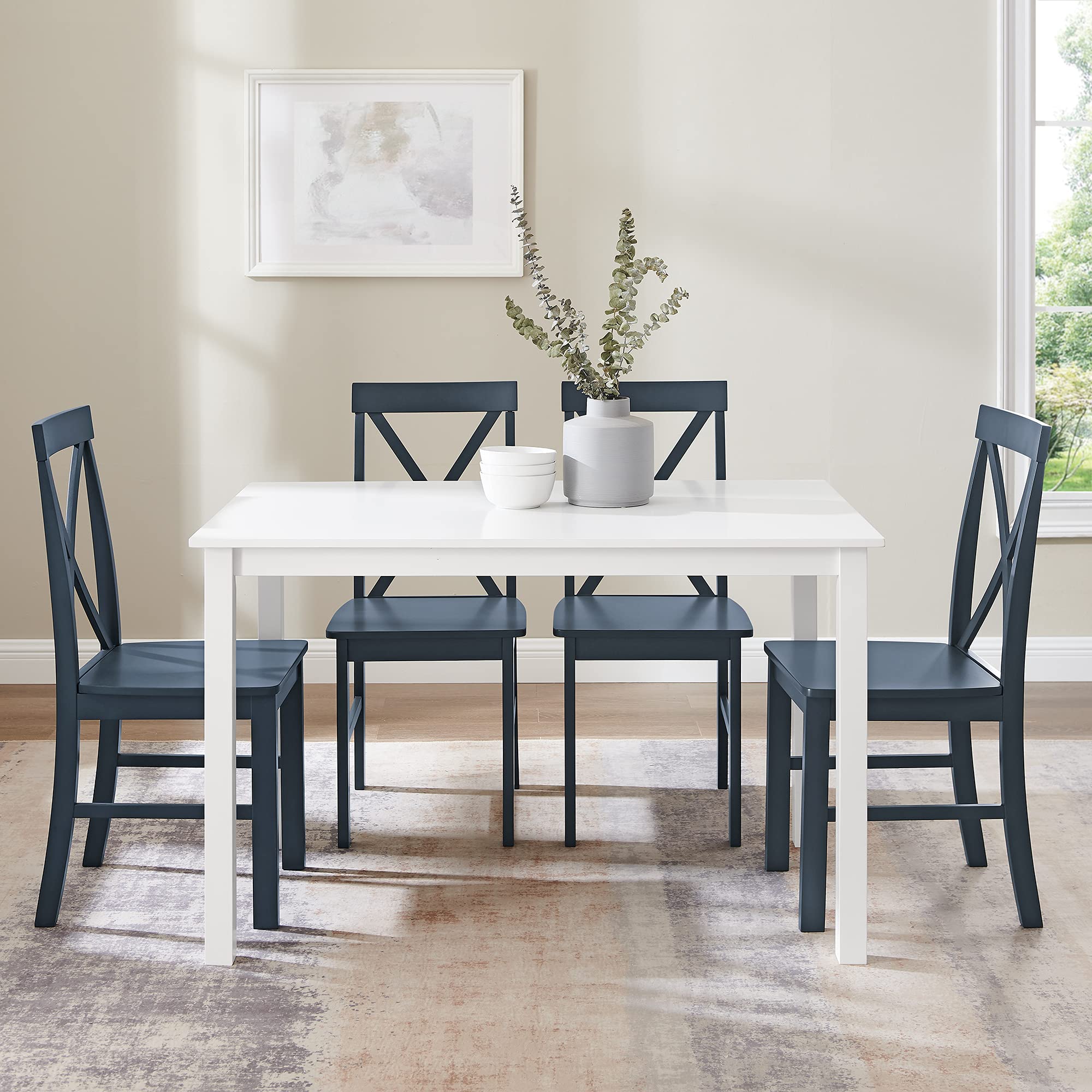 Walker Edison Bennett Farmhouse 5-Piece Dining Set with X-Back Chairs, Navy Blue - Perfect for Rustic Kitchens, Farmhouse Dining Rooms & Cozy Breakfast Nooks