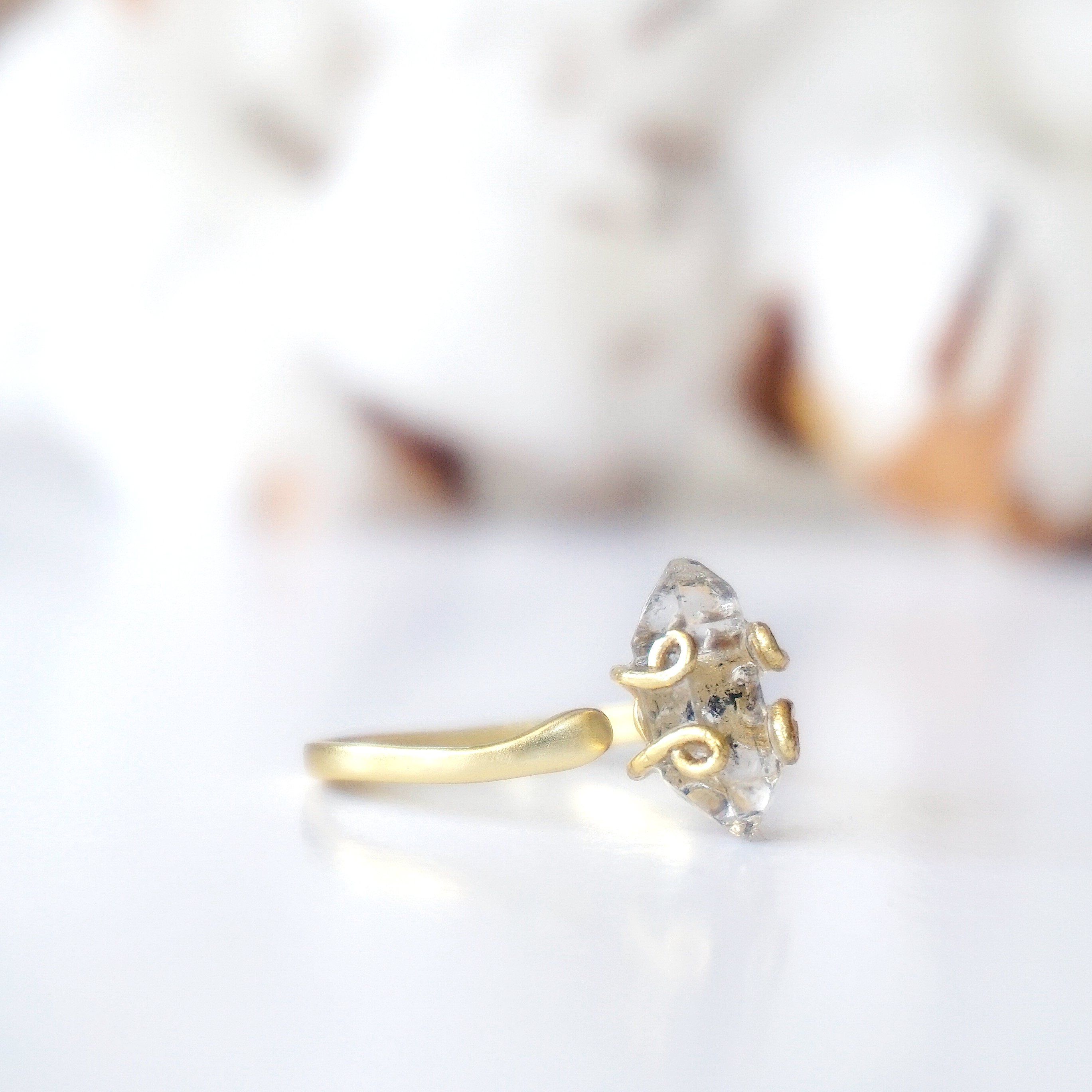 14K Gold Vermeil Adjustable Herkimer Diamond Ring - Elegant Stackable Jewelry for Everyday Wear & Special Occasions