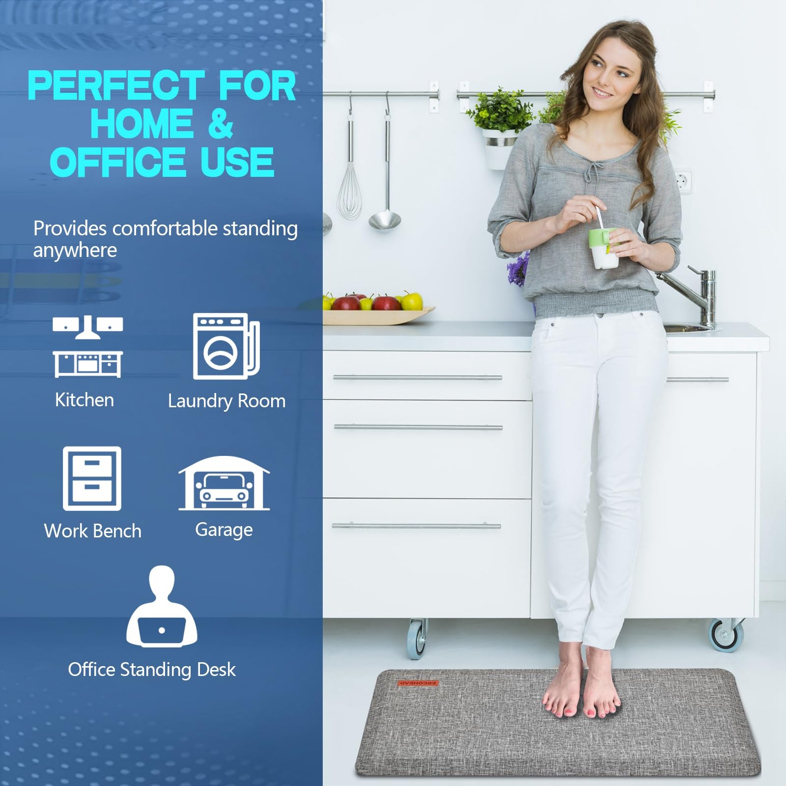 Anti-Slip 3/4 Inch Thick Anti-Fatigue Kitchen Floor Mat - Ergonomic Comfort Standing Mat for Home, Office & Garage - Waterproof Kitchen Runner (24x70 Inches, Light Gray) | Perfect for Cooking, Dishwashing & Long Standing Work