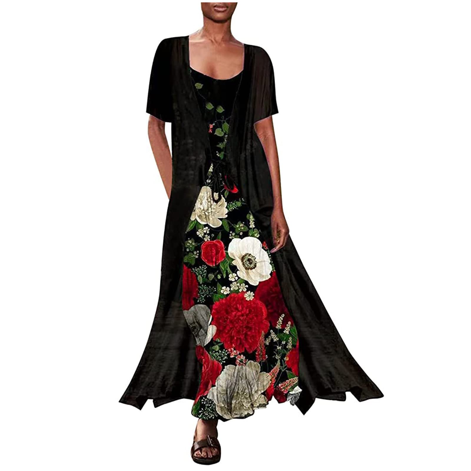 Floral Summer Maxi Dress for Women - Sleeveless Loose Long Sundress with Matching Jacket 2 Piece Set | Wedding Guest Outfit, Beach Cover Up, Vacation Dress, Garden Party Attire