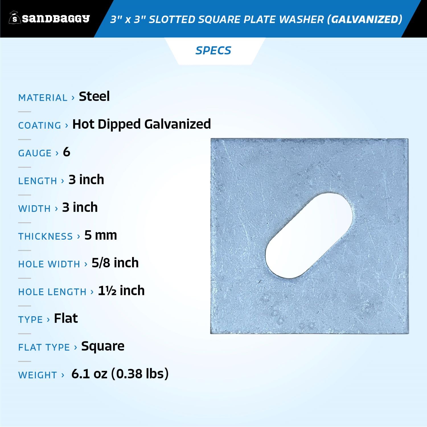 Galvanized Steel Square Plate Washer 3x3