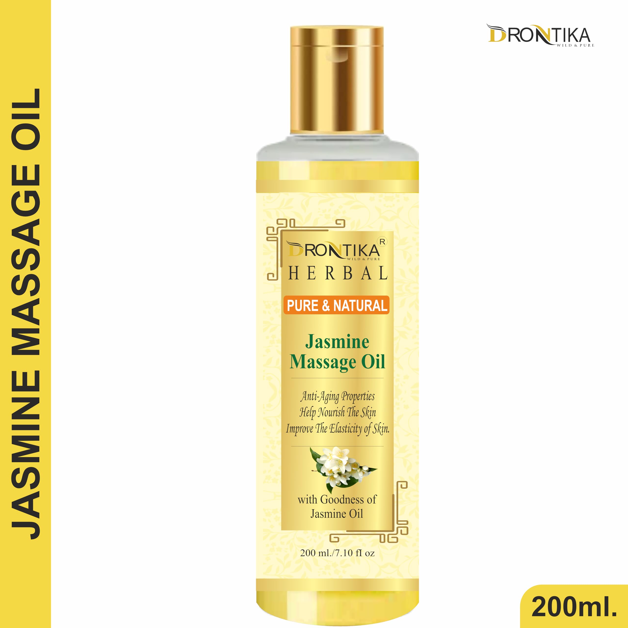 100% Pure Jasmine Massage Oil with Almond, Olive, Jojoba & Sesame Oils + Vitamin E - 200ml | Relaxing Aromatherapy for Spa, Couples & Self-Care | Drontika Herbal
