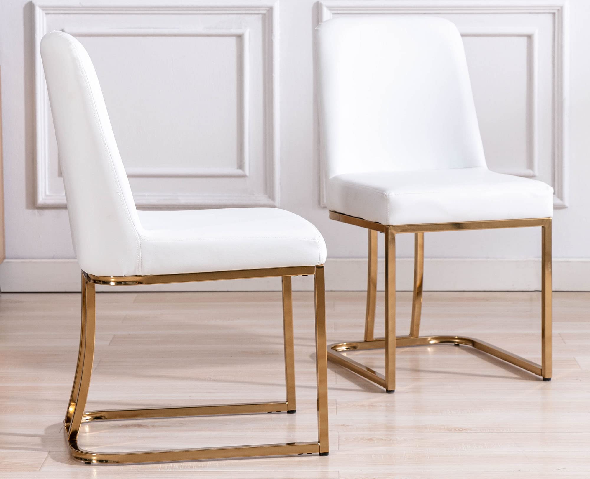 VESCASA Mid Century Modern Dining Chairs Set of 2 - Faux Leather Upholstered with Gold Metal Frame - White Contemporary Kitchen & Restaurant Chairs for Dining Room, Home Decor & Office Use