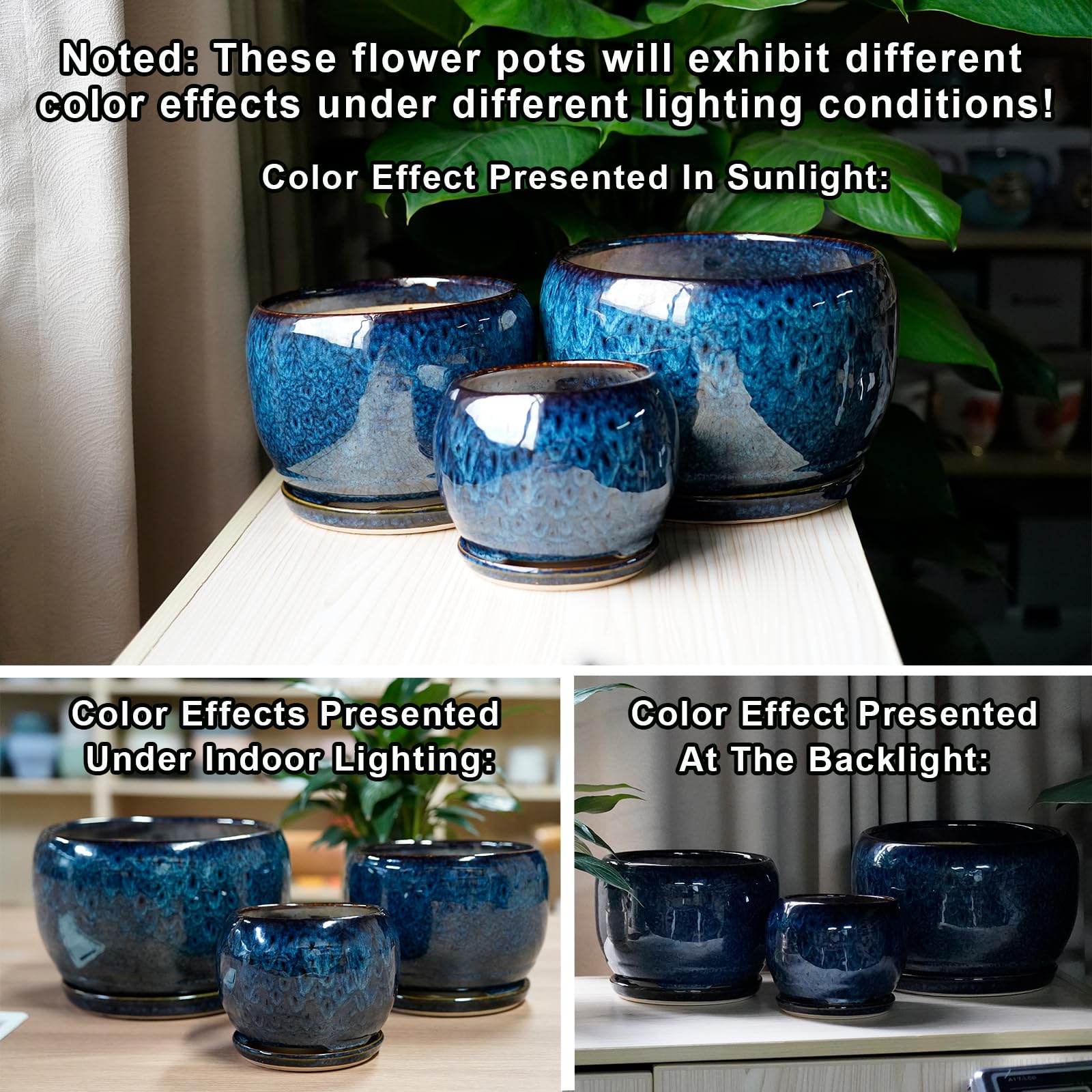 SQOWL 8 Inch Ceramic Planter with Drainage Hole & Saucer - Modern Round Glazed Blue Flower Pot for Indoor Outdoor Plants | Perfect for Home Decor, Office Desk, Garden, and Patio