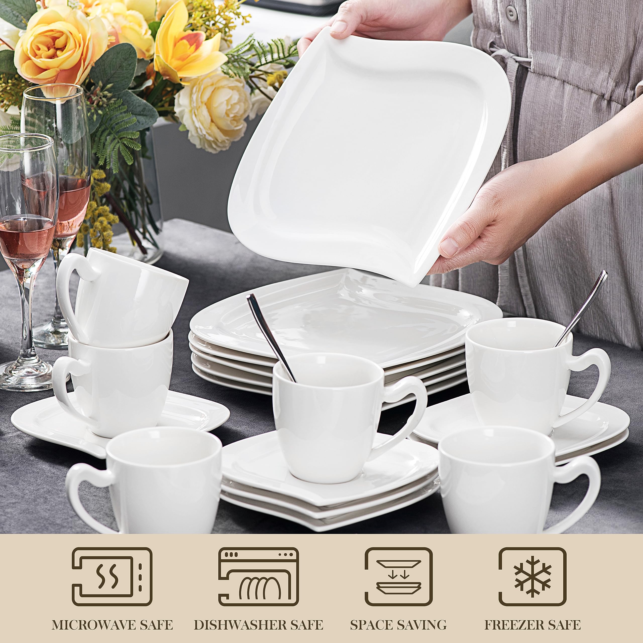 MALACASA 30-Piece Ivory White Porcelain Dinnerware Set for 6 - Plates, Bowls, Cups & Saucers | Microwave Safe Kitchen & Dining Ware (Elvira Series) - Perfect for Family Dinners, Parties & Everyday Use