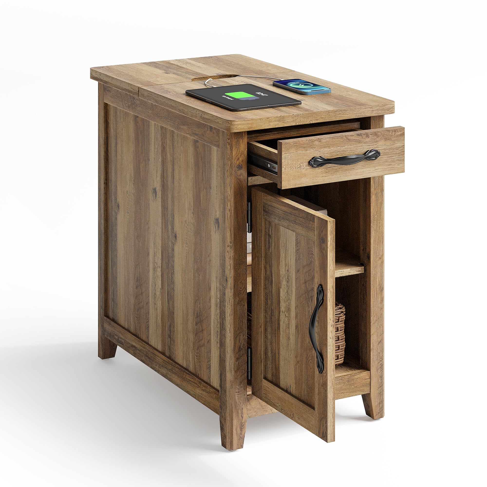 Farmhouse End Table with USB Charging Station - Narrow Side Table with Drawer & Storage Cabinet for Living Room, Bedroom, Home Office - Rustic Nightstand for Sofa, Couch or Office Desk - Perfect for Small Spaces & Device Charging
