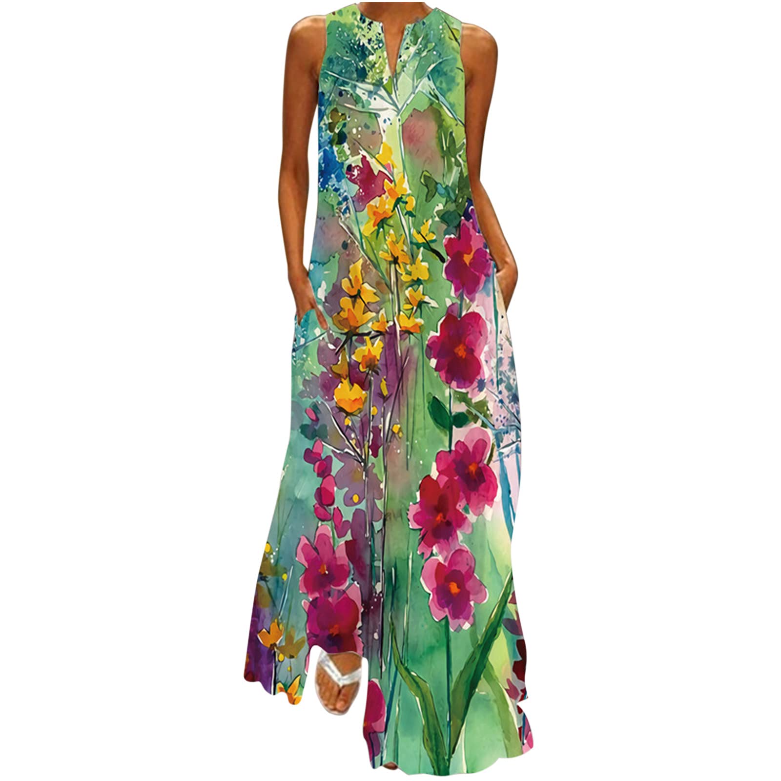 Vintage Maxi Dresses for Women - Sleeveless Sunflower Floral Print Crew Neck Loose Summer Beach Dress with Pockets | Perfect for Vacations, Weddings & Outdoor Parties