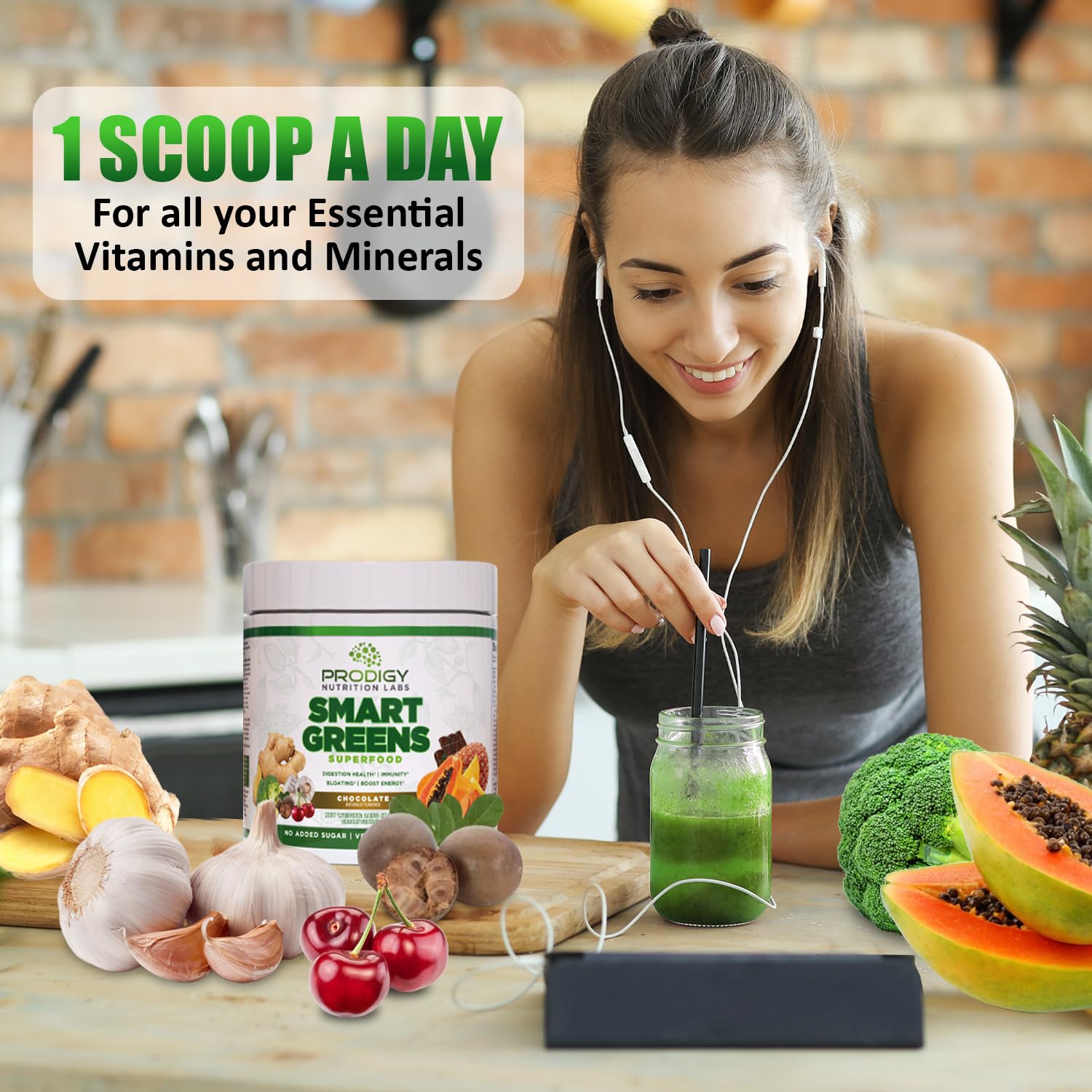 Prodigy Smart Greens Superfood Powder - Organic Greens Blend with Probiotics, Chlorella, Fruits & Vegetables for Digestive Health & Bloating Relief - Smoothie & Drink Mix for Gut Health - Perfect for Post-Workout Recovery & Daily Wellness Boost