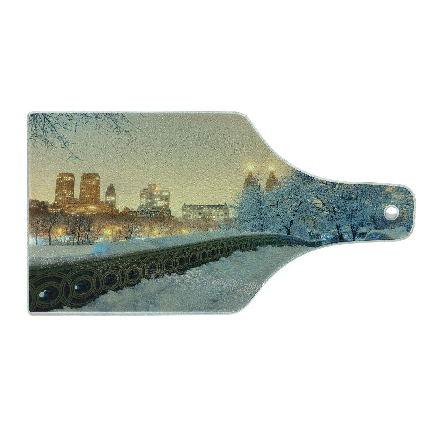 Ambesonne Winter Themed Cutting Board - Central Park Winter Skyscrapers & Snow Bow Bridge Manhattan New York - Tempered Glass Decorative Serving Board - Wine Bottle Shape in Orange White Olive Green - Perfect for Holiday Entertaining & Kitchen Decor