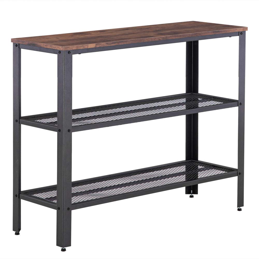 Industrial Style 3-Tier Cross Porch Side Table with Iron Net - Black Walnut Finish for Living Room, Entryway, Hallway | Coffee Table, Console Table, Display Table for Home Decor