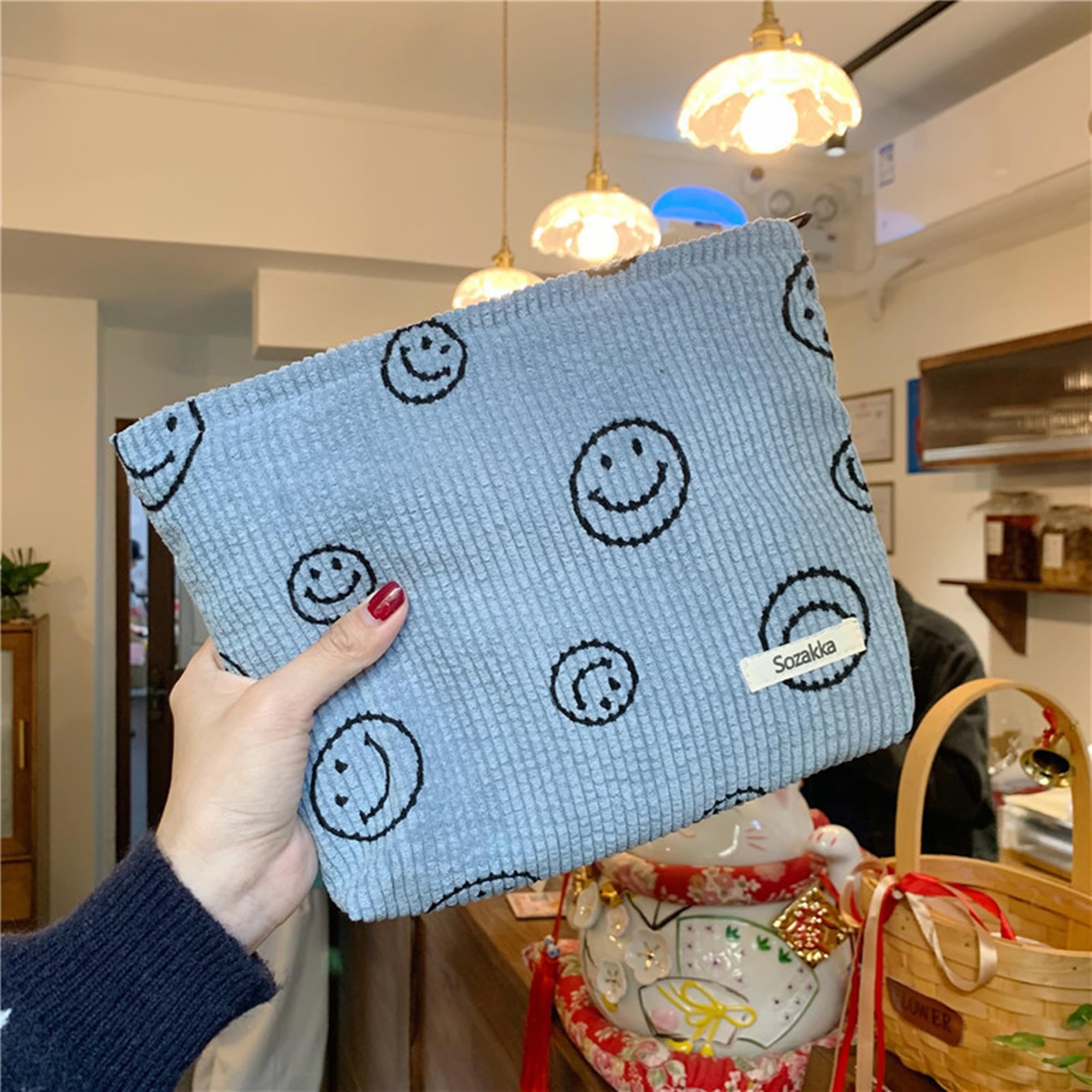 Corduroy Cosmetic Bag for Women - Aesthetic Smile Dots Makeup Organizer & Storage Pouch | Travel, Gym & Daily Use | Blue Makeup Bag for Girls & Teens