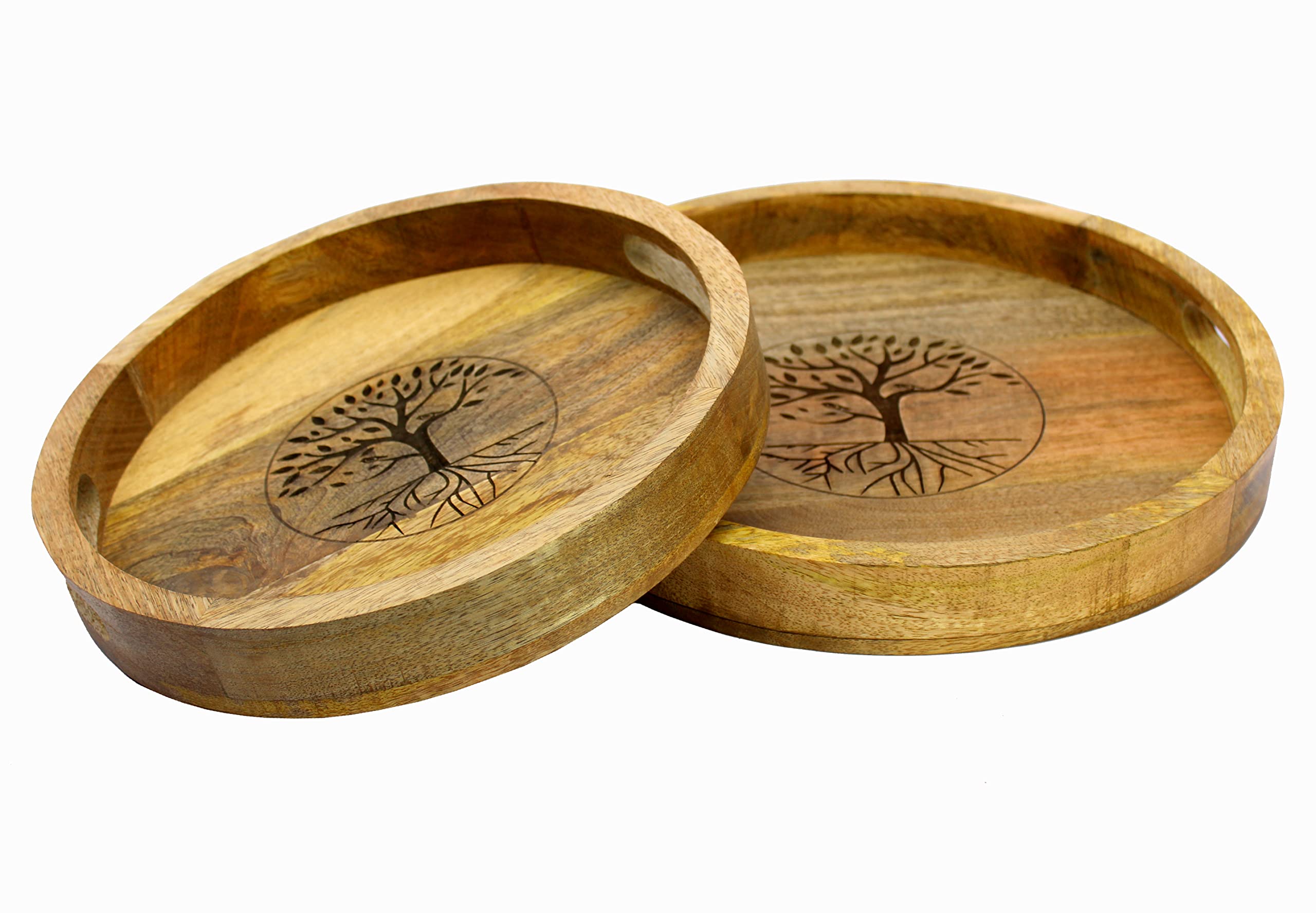 KLEO Wooden Engraved Round Serving Trays Set of 2 - 14